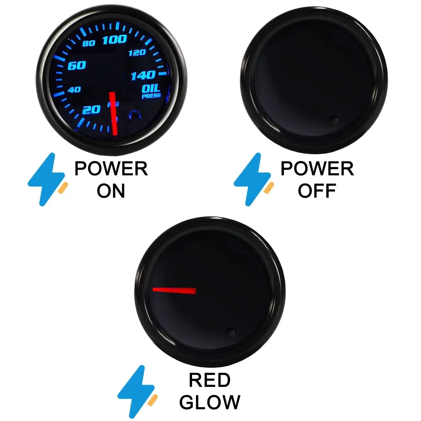 Oil Pressure Gauge Kit For Cars And Trucks 0 To 140 PSI 52 Millimeter Dial Seven Color Glow Display Power On Off Red Glow