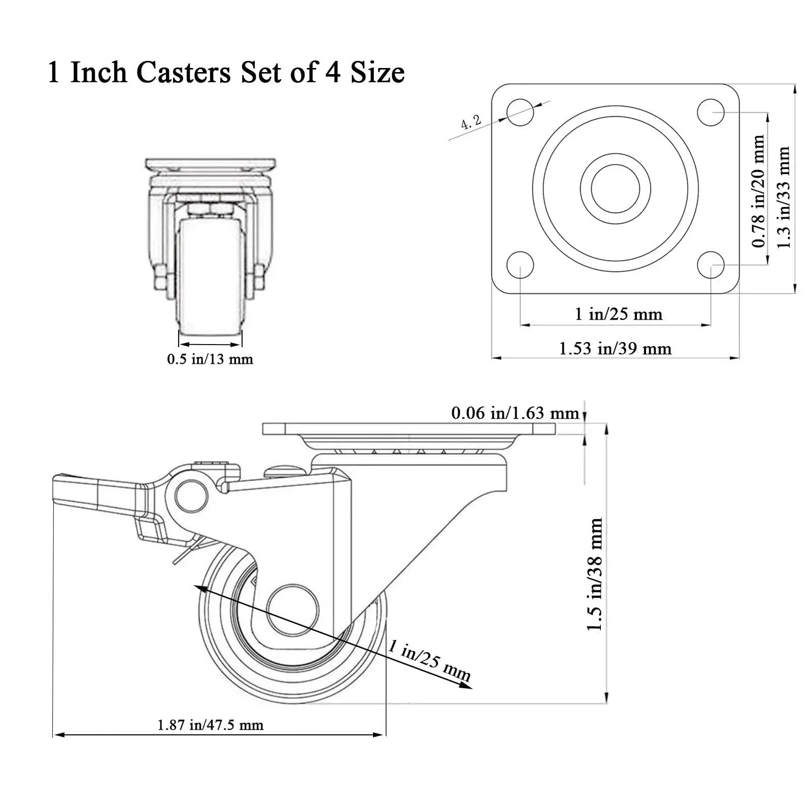 Technical diagram of 1 Inch Plate Caster Wheels Low Profile Swivel Casters Set Of 4 Heavy Duty 99 Lb Capacity With Brakes