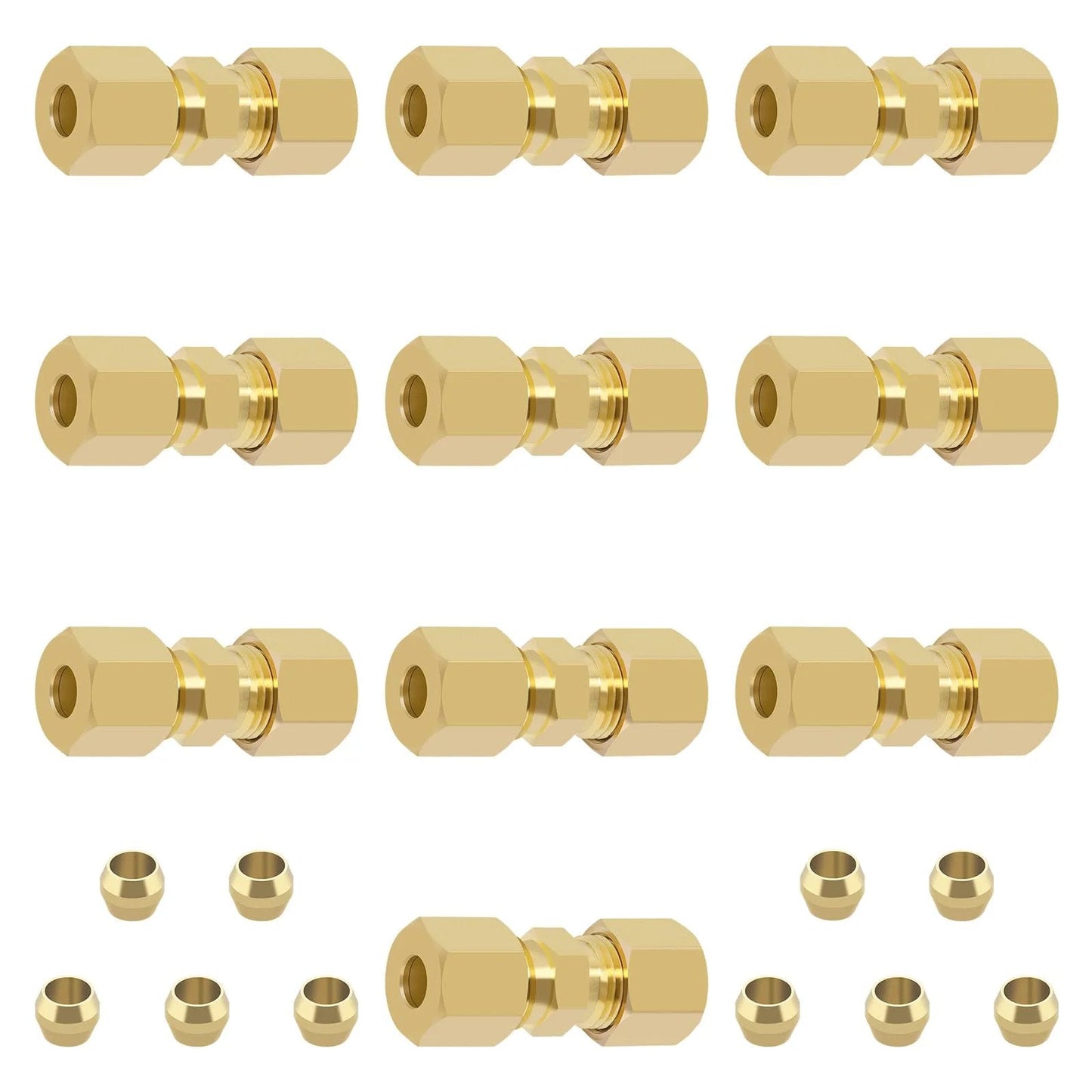 Brass Compression Tube Fittings Set Pro Grade Ten Pack With 3 16th Inch Outer Diameter Union Connectors And 10 Brass Sleeves Ferrules