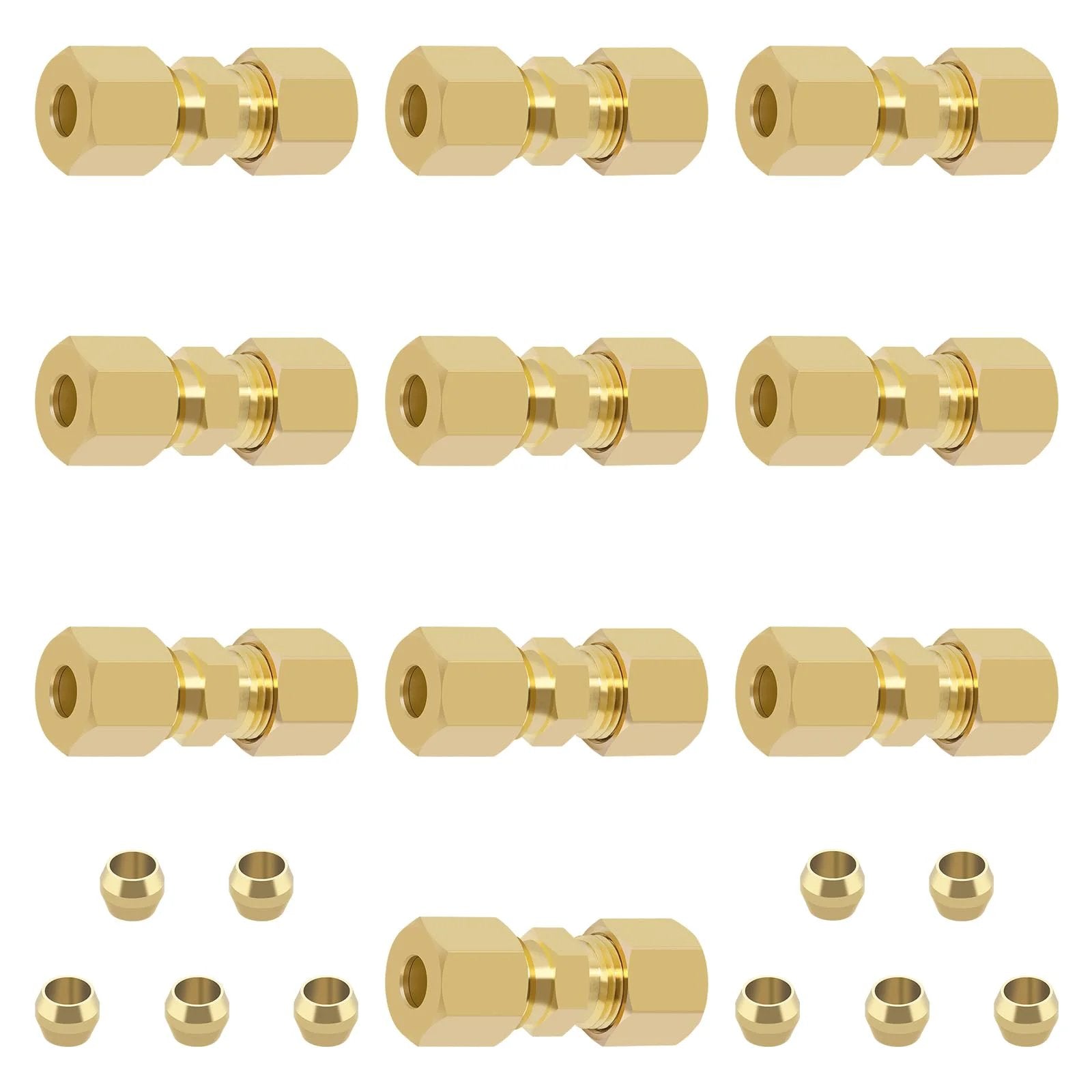 Brass Compression Tube Fittings Set Pro Grade Ten Pack With 3 16th Inch Outer Diameter Union Connectors And 10 Brass Sleeves Ferrules