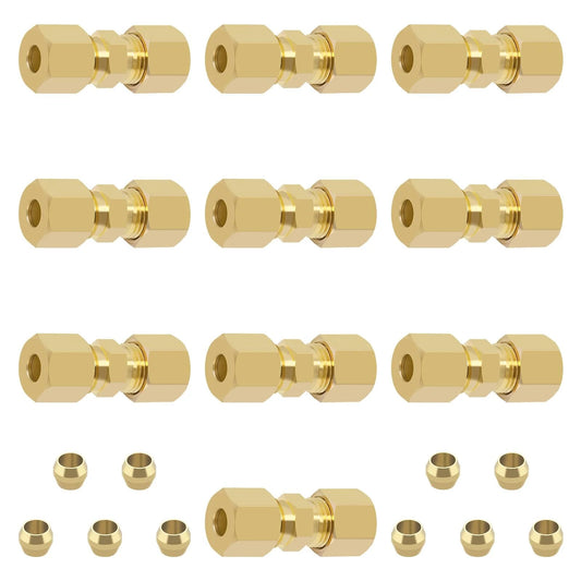 Brass Compression Tube Fittings Set Pro Grade Ten Pack With 3 16th Inch Outer Diameter Union Connectors And 10 Brass Sleeves Ferrules