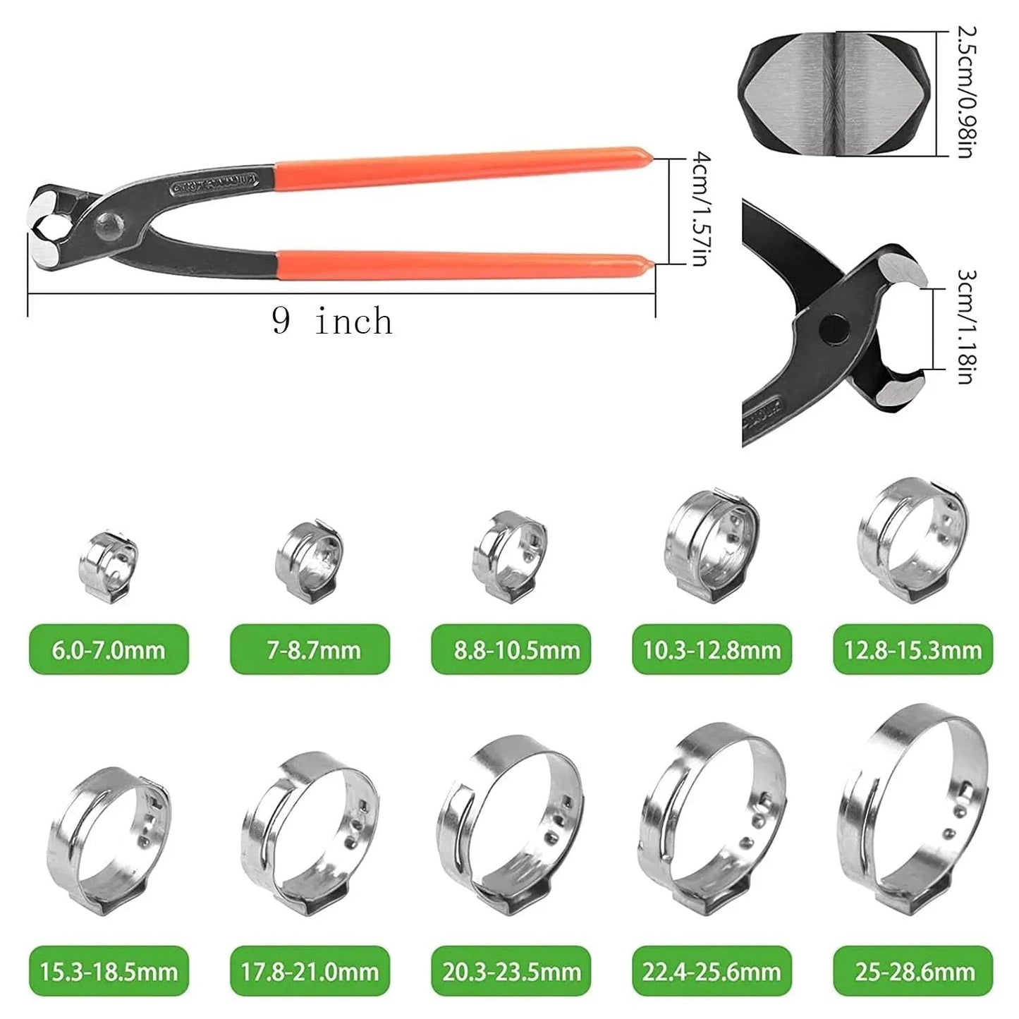 9 Inch Ear Clamp Pliers For Hose And Pipe Clamps Pinch Pincers Crimping Tool With Non Slip PVC Handles Durable CR V Chrome Vanadium Steel Built For Nail Pulling And Precise Crimping shown with various clamp sizes and details
