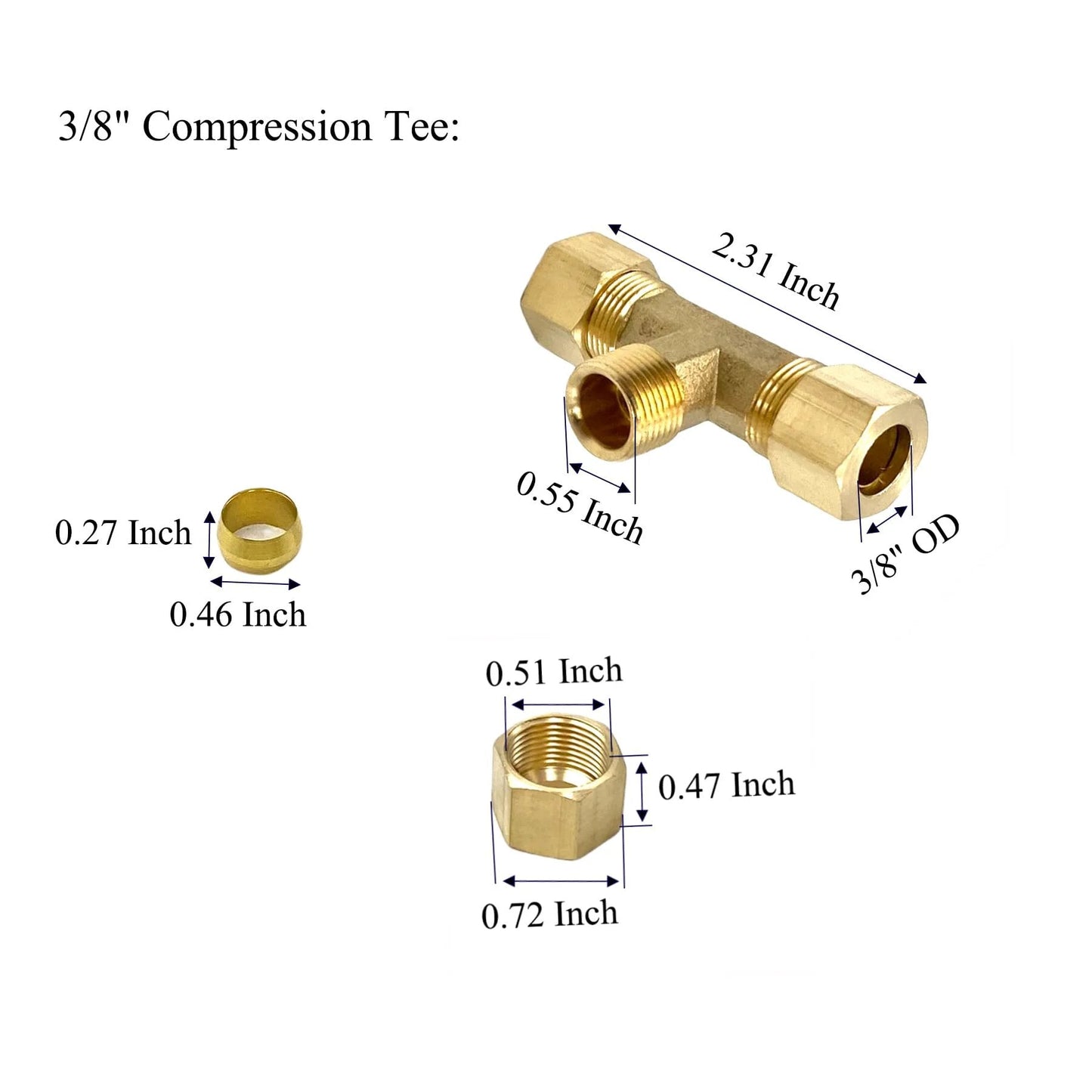 2 Pack 3/8 Inch Brass Compression Tee Fittings Copper Tubing 3/8 Inch OD 3 Way T Fitting For Gas Lines Oil Pressure Gauges And Air Compressors