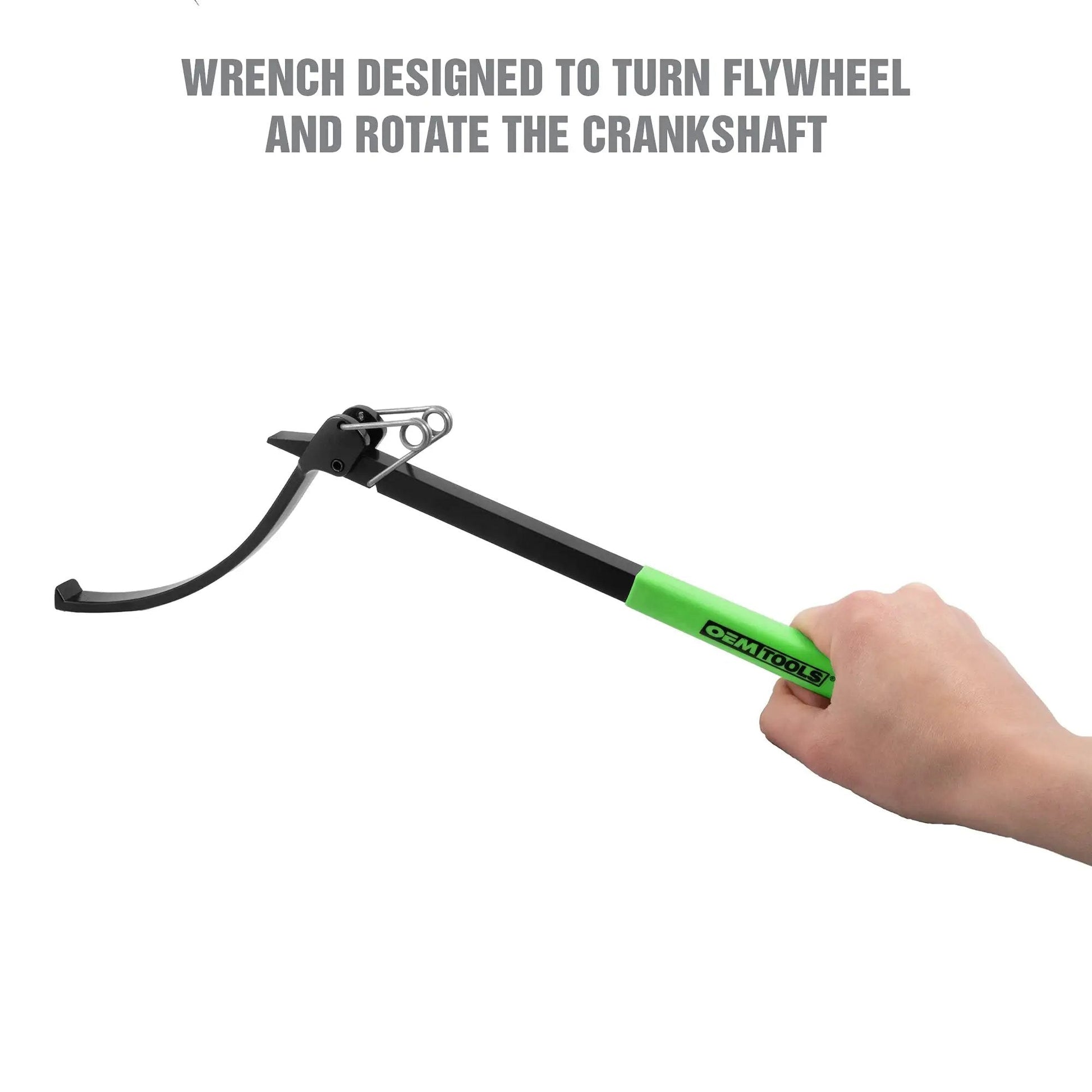 Hand holding Flywheel Turner And Flexplate Tool With Sure Grip Turn For Quick Removal And Install, OEMTOOLS brand