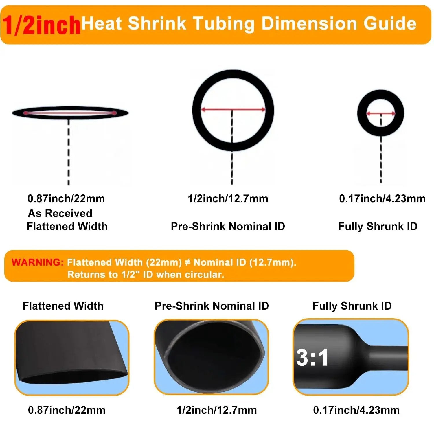 Diagram showing dimensions of Half Inch Heat Shrink Tubing 10 Ft 3 To 1 Waterproof Adhesive Lined Dual Wall in various states.
