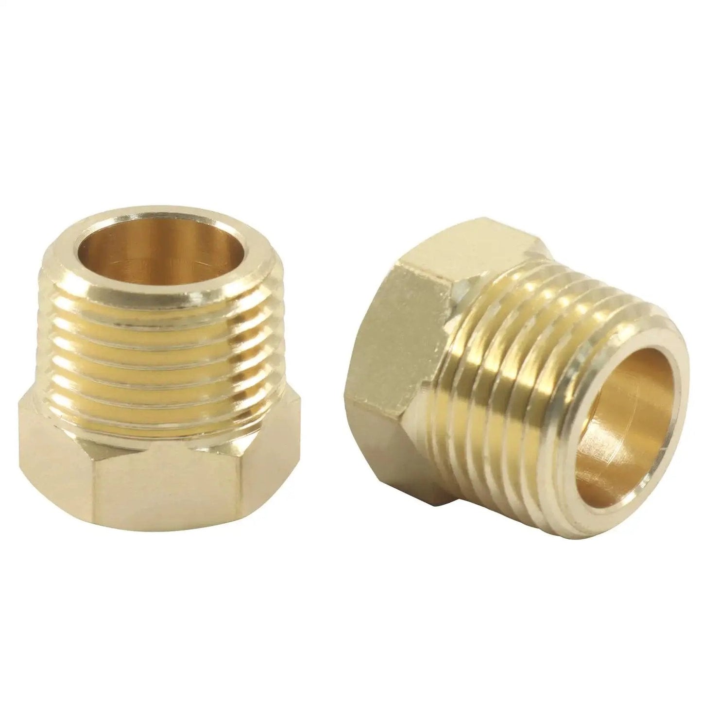 Brass NPT Reducer Fittings Three Eighths Inch Male To One Quarter Inch Female Hex Bushing Pipe Adapter For Hoses And Tubes Five Pack