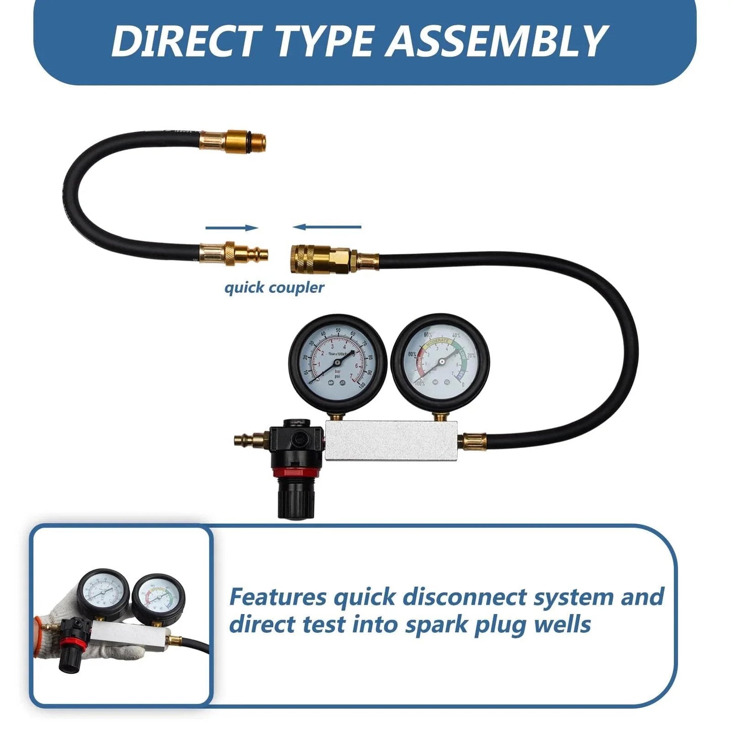 Cylinder Leak Down Tester Kit With Dual Gauge For Pressure Check And Leakage Rate Testing On Gasoline Engines Includes Universal Push On Connectors Threaded Adapters Extension Rods And Hoses shown in direct type assembly with dual gauges and hoses.