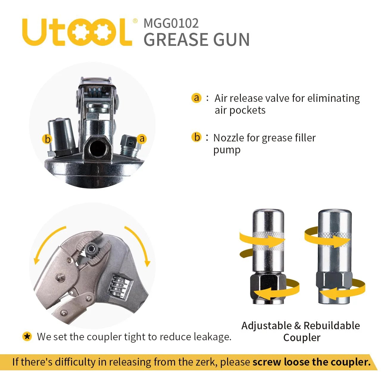 Beefy 8000 PSI Grease Gun Kit With Pistol Grip And 14 Oz Capacity, shown with coupler and nozzle components.