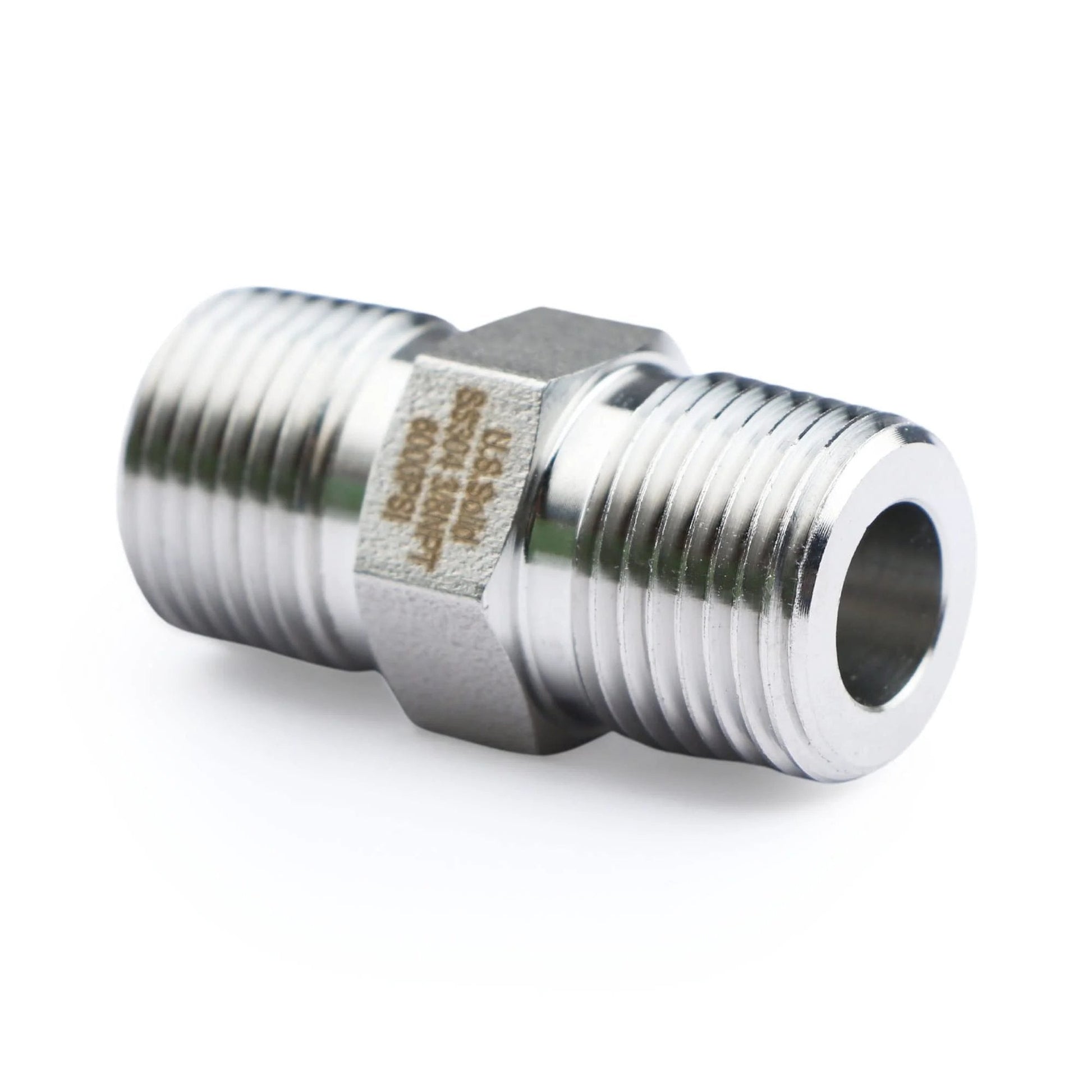 Heavy Duty 304 Stainless Steel Hex Nipple for High Pressure Systems, 6000 PSI, Three Eighths Inch NPT Male Thread Pipe Adapter
