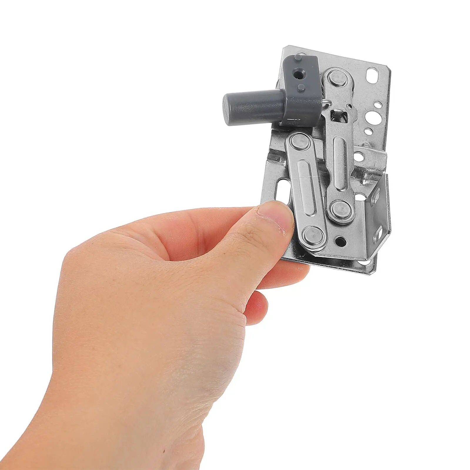 Hand holding Soft Close 45 Degree Cabinet Hinges With Spring Buffer For Kitchen Sink Cabinets And Bookcases, Concealed Load Bearing Hardware.