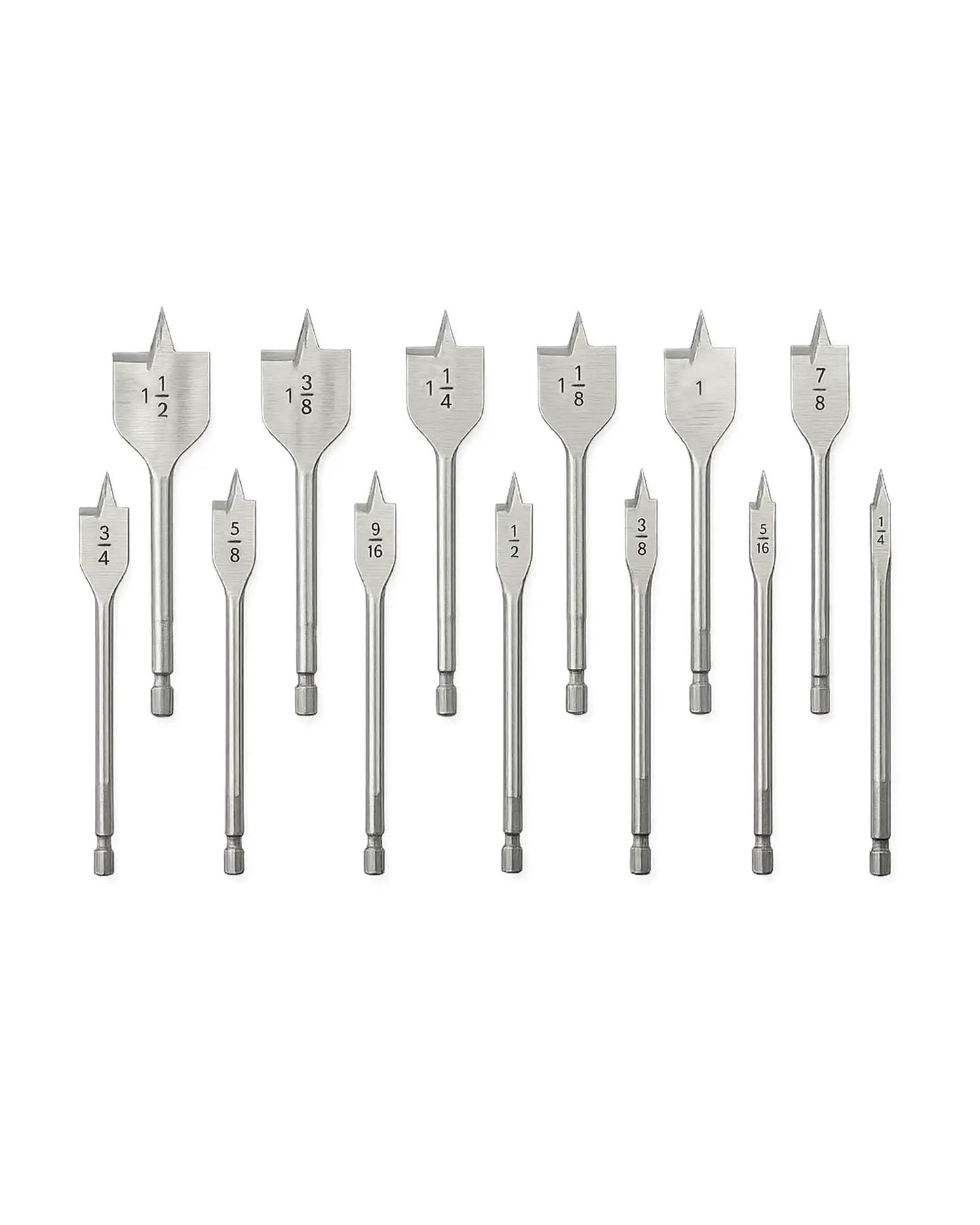 13 Piece Spade Drill Bit Set One Quarter To One And One Half Inch With Quick Change Hex Shank For Woodworking And Plastic Hole Cutter, 45 High Carbon Steel Paddle Bits For Durable Woodworking Tools By Wisechain displayed on white background
