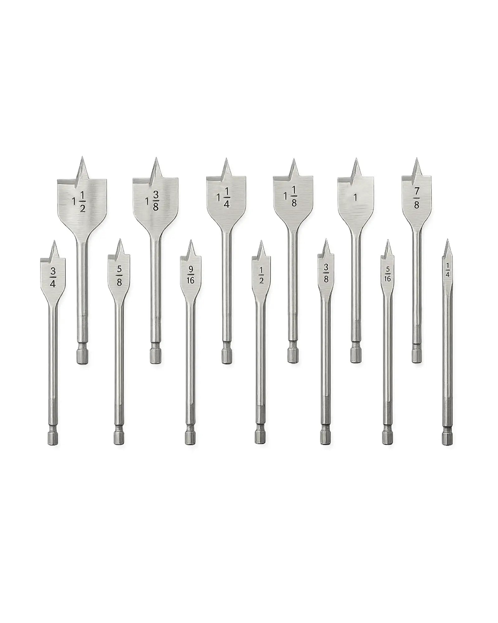 13 Piece Spade Drill Bit Set One Quarter To One And One Half Inch With Quick Change Hex Shank For Woodworking And Plastic Hole Cutter, 45 High Carbon Steel Paddle Bits For Durable Woodworking Tools By Wisechain displayed on white background