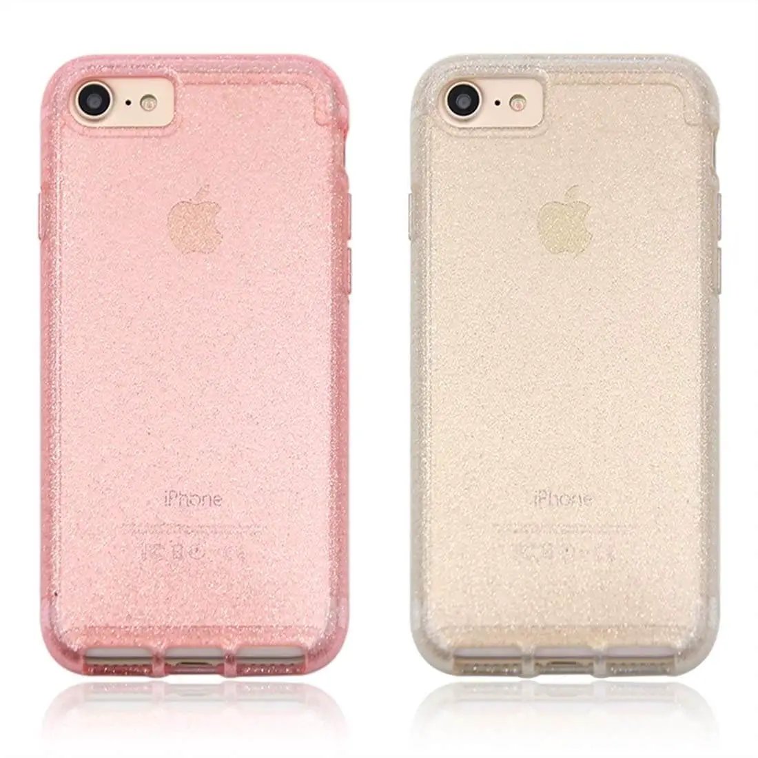 Two glittery iPhone cases in pink and gold, showing rear view design and transparent finish, compatible with older iPhone models.