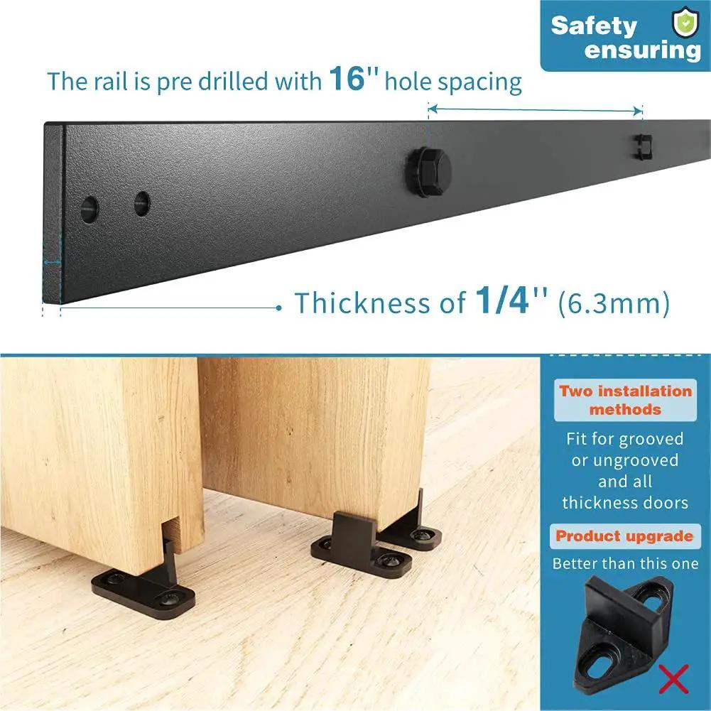 Bypass Barn Door Hardware Kit For 5 Feet Double Wooden Doors With Single Track And Flat Rollers, Low Ceiling Bypass System. Pre-drilled metal rail and door floor guides shown.