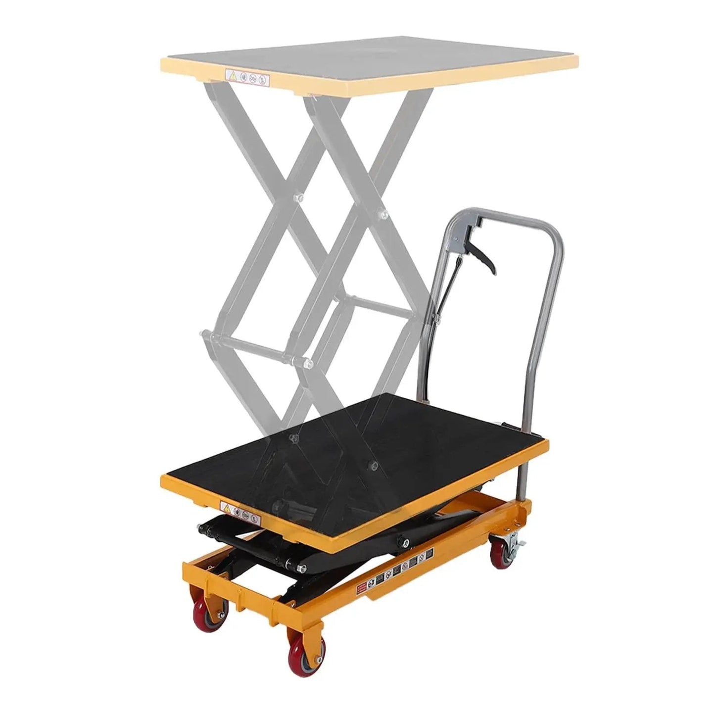 Durable Hydraulic Lift Table Cart 770 Lb Capacity 50.7 Inch Lift With Wheels, showing side view and lifting mechanism.