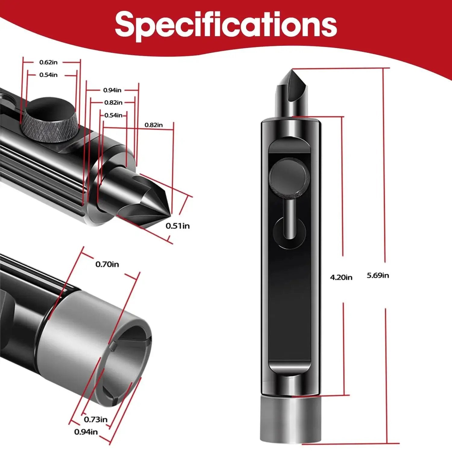 Tubing Deburring Tool for 3/16 to 1/2 Inch Tubing for Brake and Fuel Lines shown with dimensions and close-up view