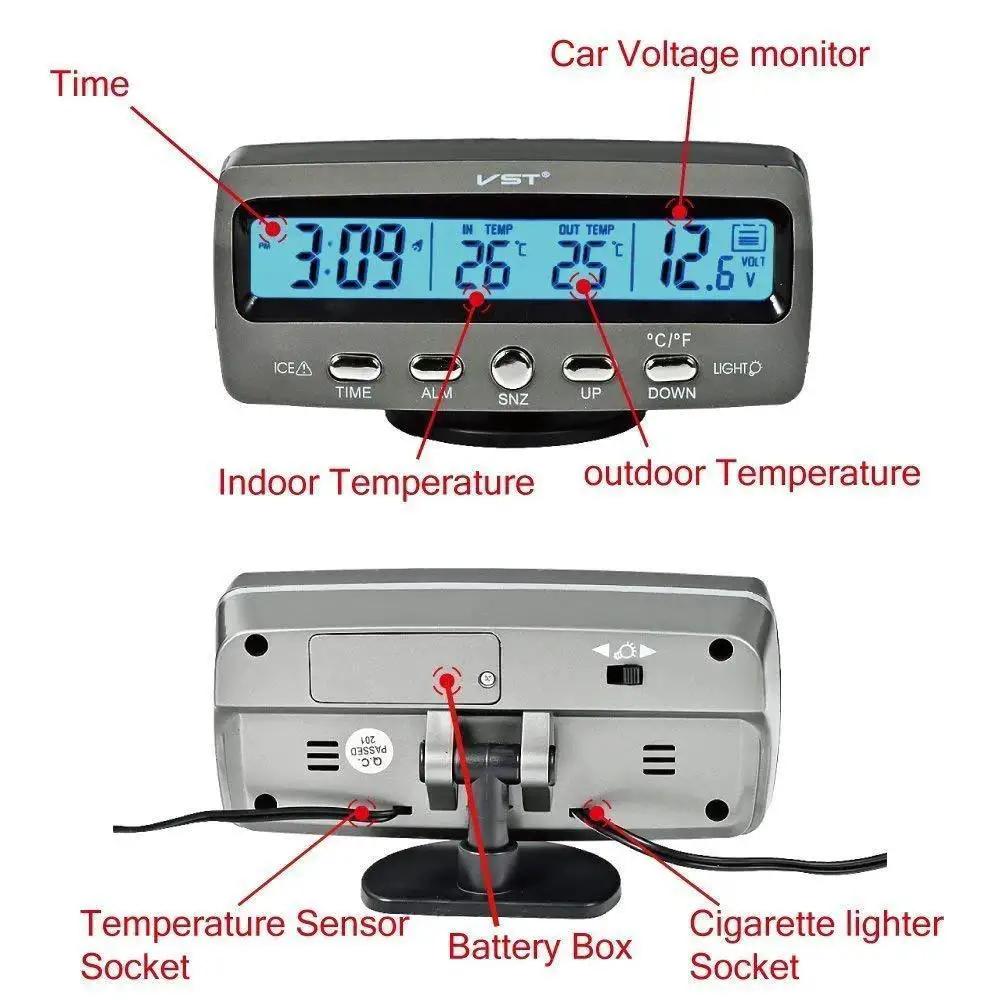 4 In 1 Car LED Clock Thermometer Voltmeter With Time Temperature 12V, front and rear view showing buttons and sockets