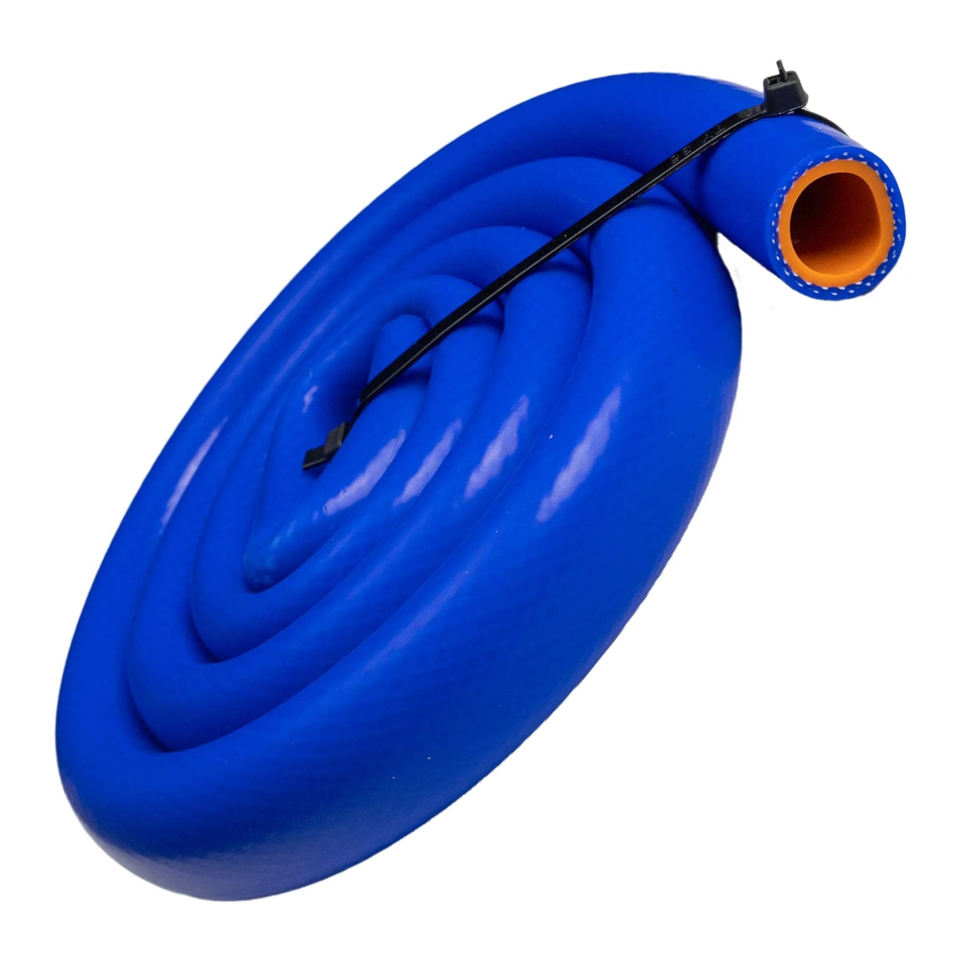 Coiled blue reinforced silicone heater hose for high temp auto engine use, 3/4 in ID by 5 ft, handles water and air transfer.