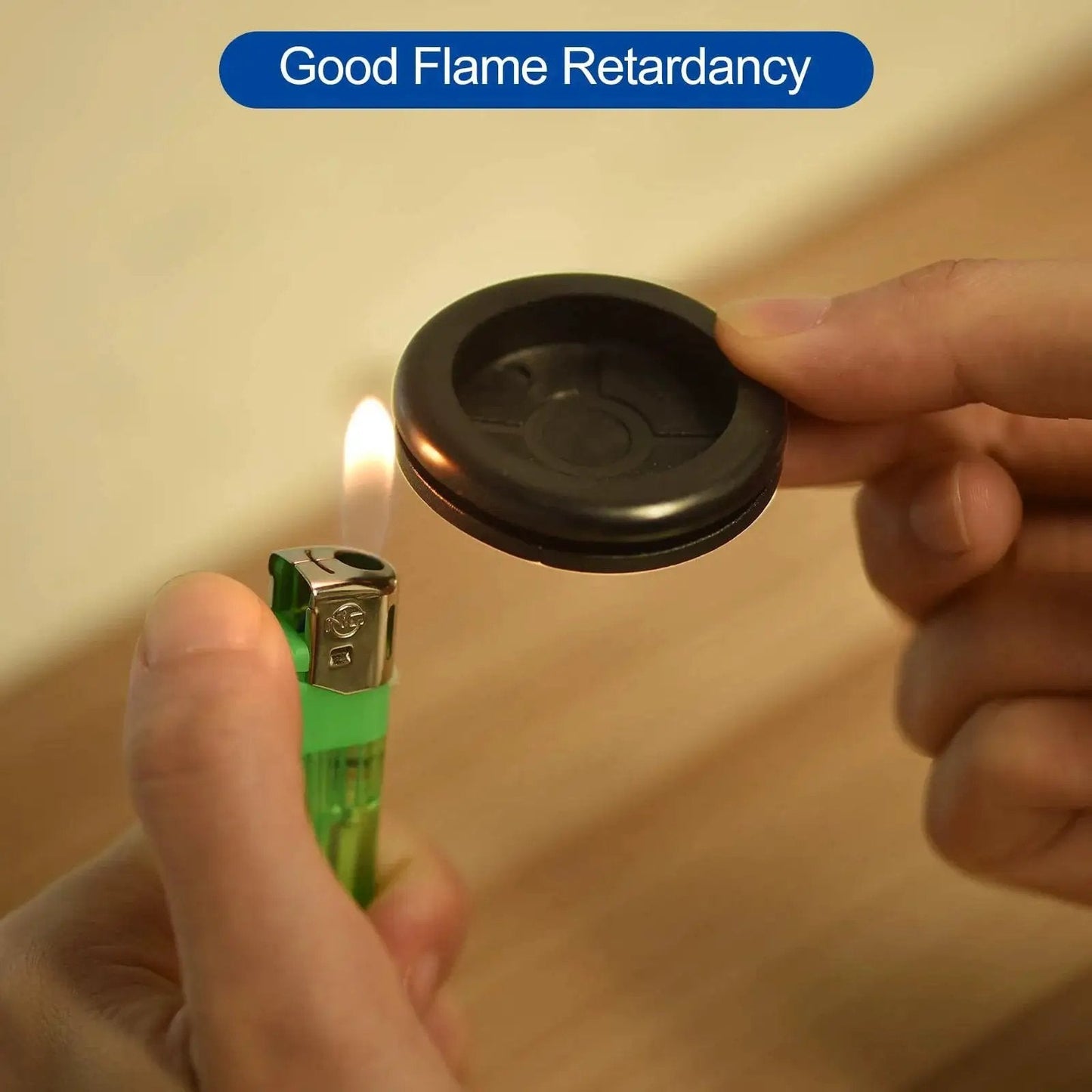 Testing flame retardancy of Set Of Four Rubber Grommets For Firewall Cable Protection, showcasing resilience to heat.