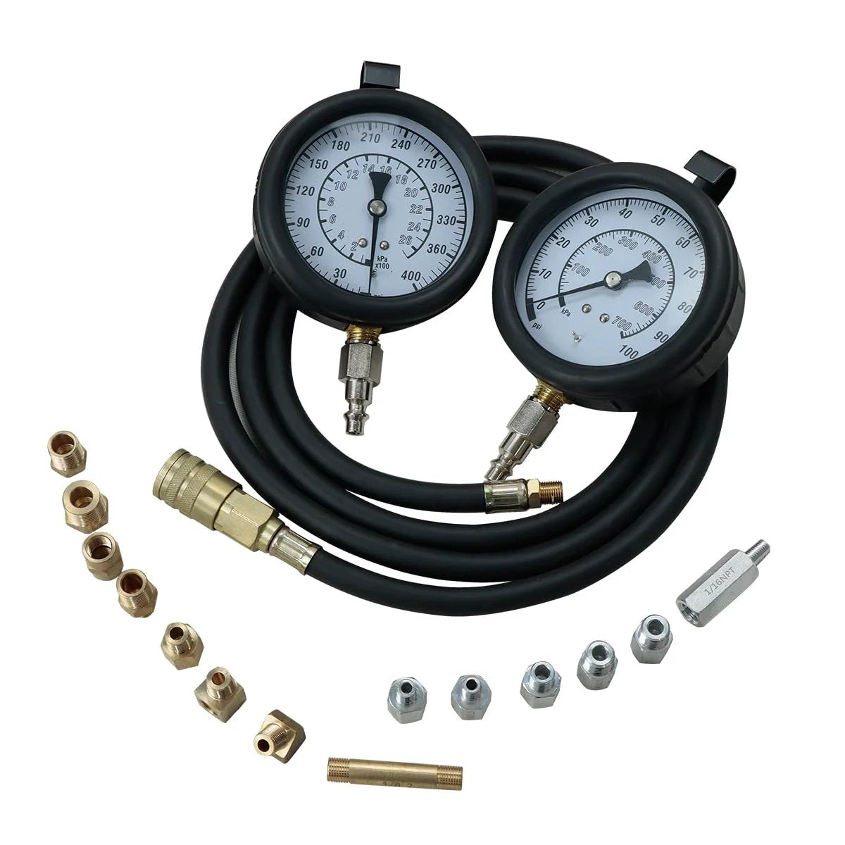 Engine And Transmission Oil Pressure Test Kit With 14 Thread Adapters 72 Inch Hose And Dual Gauges Up To 400 PSI