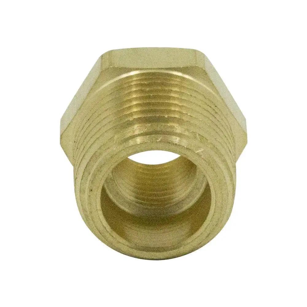 Three Eighth Inch Male NPT To One Quarter Inch Female NPT Brass Reducing Bushing Hex Head Pipe Fitting front view