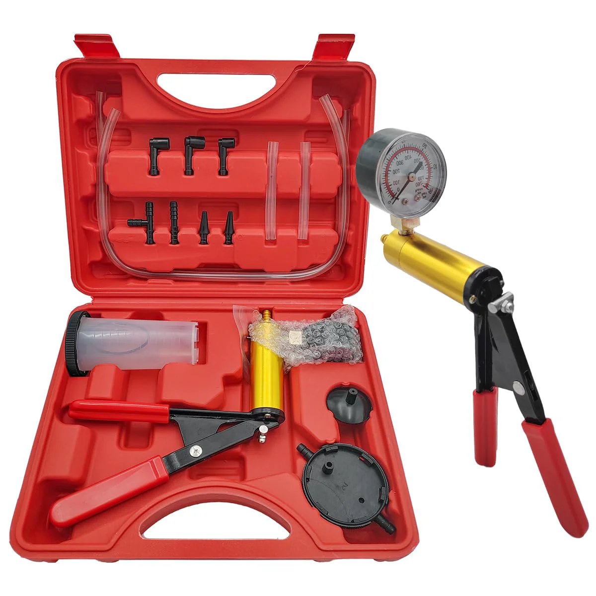 Hand Held Brake Bleeder Kit With Gauge And Adapters For Cars Trucks And Bikes SHMZK Vacuum Pump Pressure Tester in red case