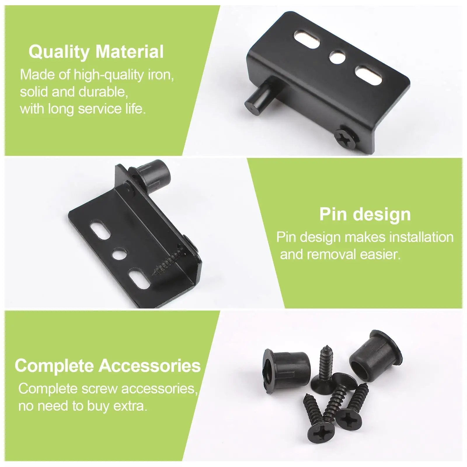 Concealed Shaft Cabinet Door Pivot Hinges In Iron Black, Four Sets With Pin And Bushing shown with screws and design details