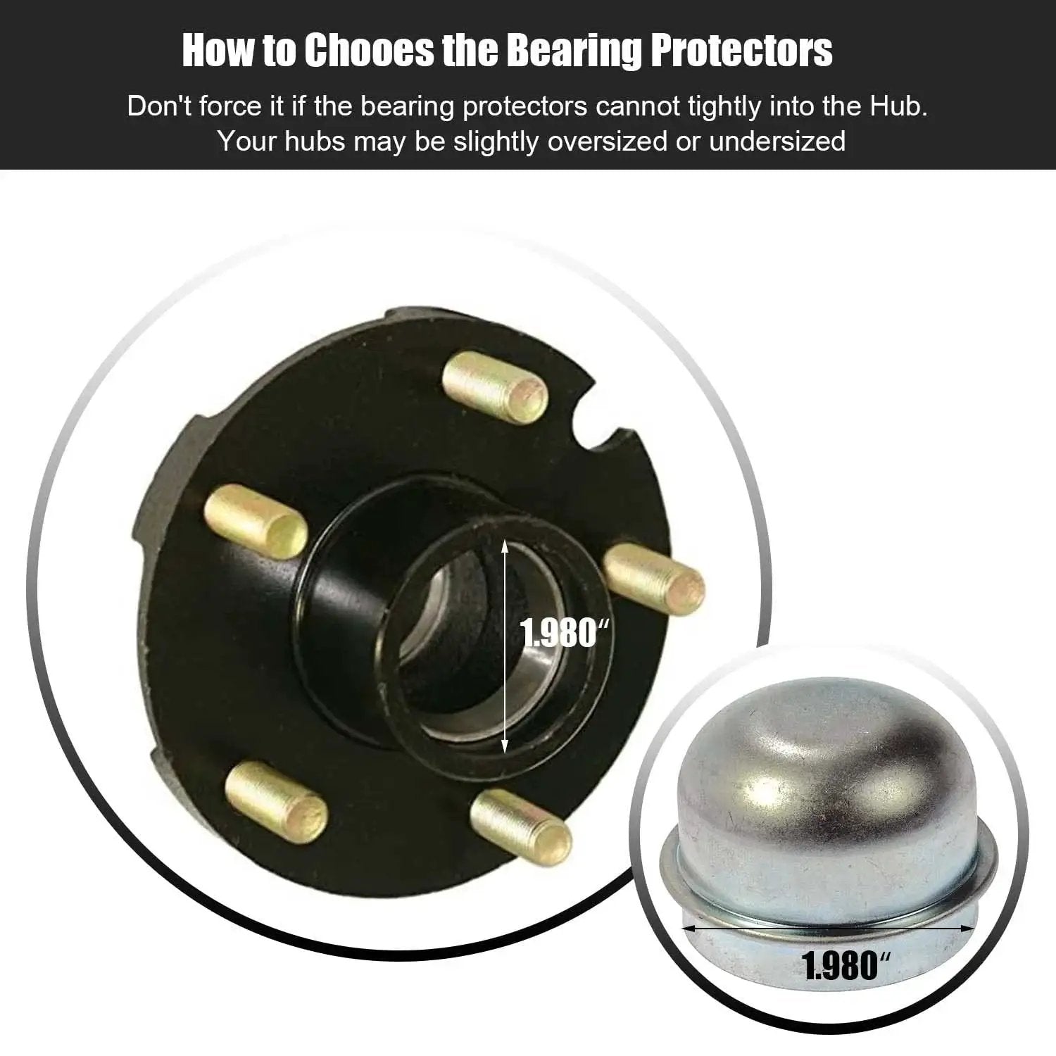 1.98 Inch Bearing Protectors With Chromed Protective Bras For Trailer Wheels, Universal Fit 2 Pack, installed on hub bore