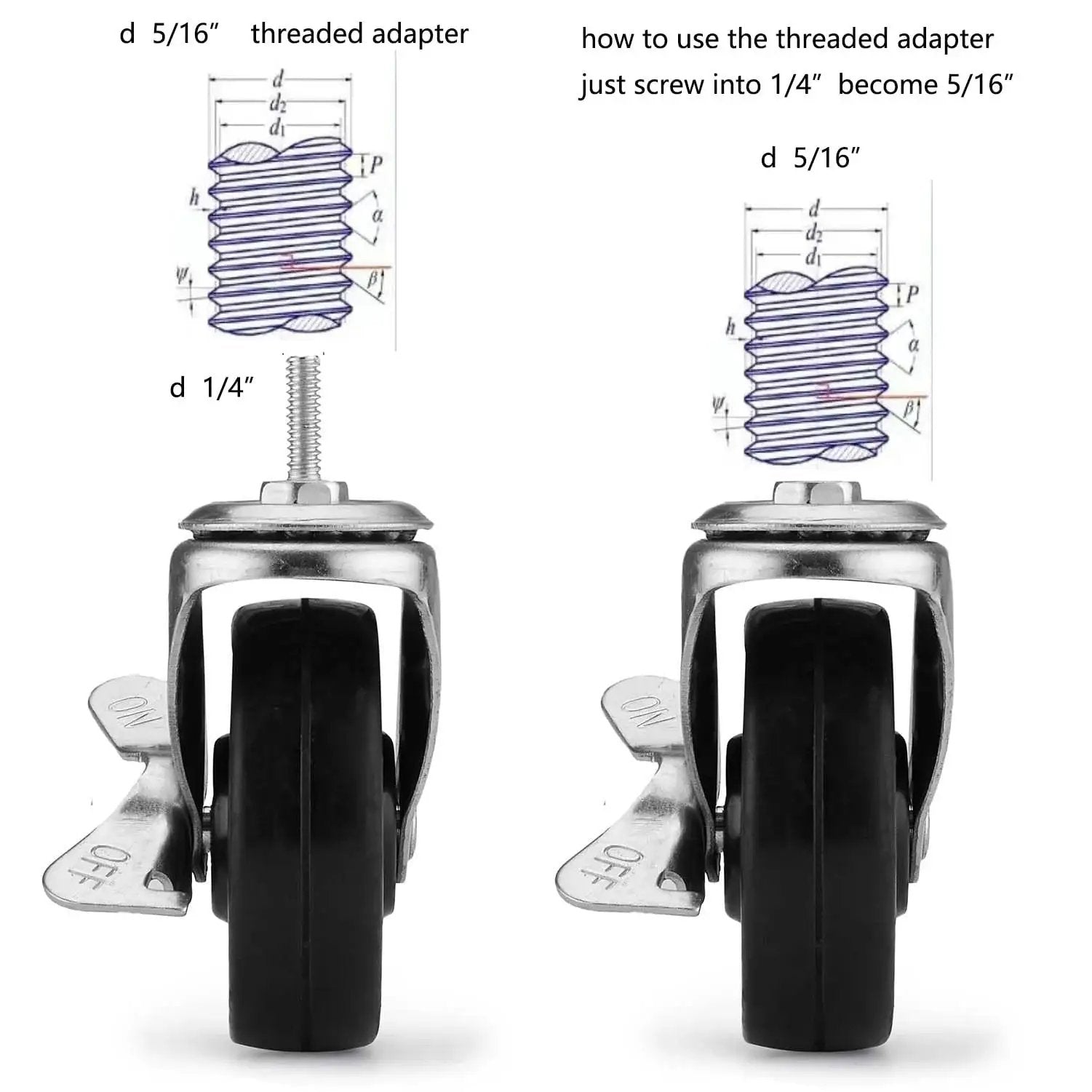 Three Inch Wire Shelf Casters Set Of Four With Threaded Stems M8 And M10 For Wire Shelving Heavy Duty Steel Housing Side Lock Brake