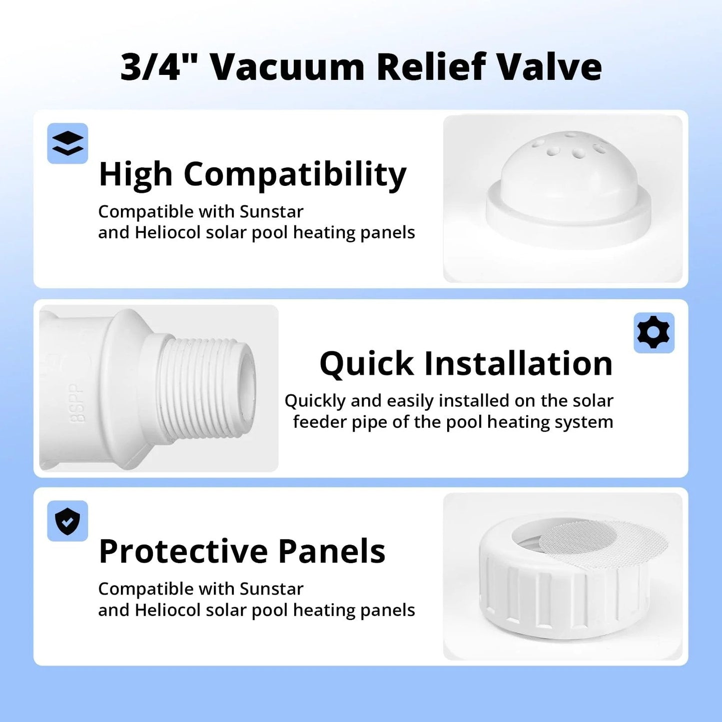 Three Quarter Inch PVC Vacuum Relief Valve For Pool Solar Panels Plug And Play Replacement Part Compatible With Heliocol And Sunstar Heating Systems White Easy Install Low Maintenance