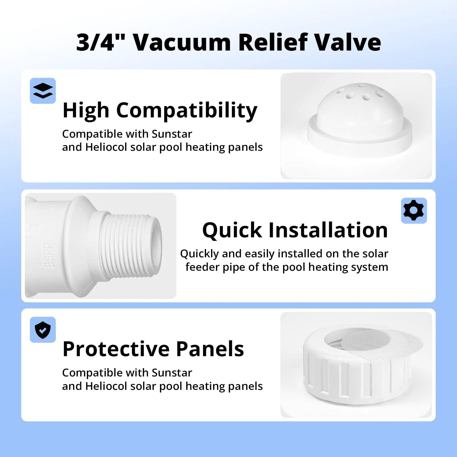 Three Quarter Inch PVC Vacuum Relief Valve For Pool Solar Panels Plug And Play Replacement Part Compatible With Heliocol And Sunstar Heating Systems White Easy Install Low Maintenance