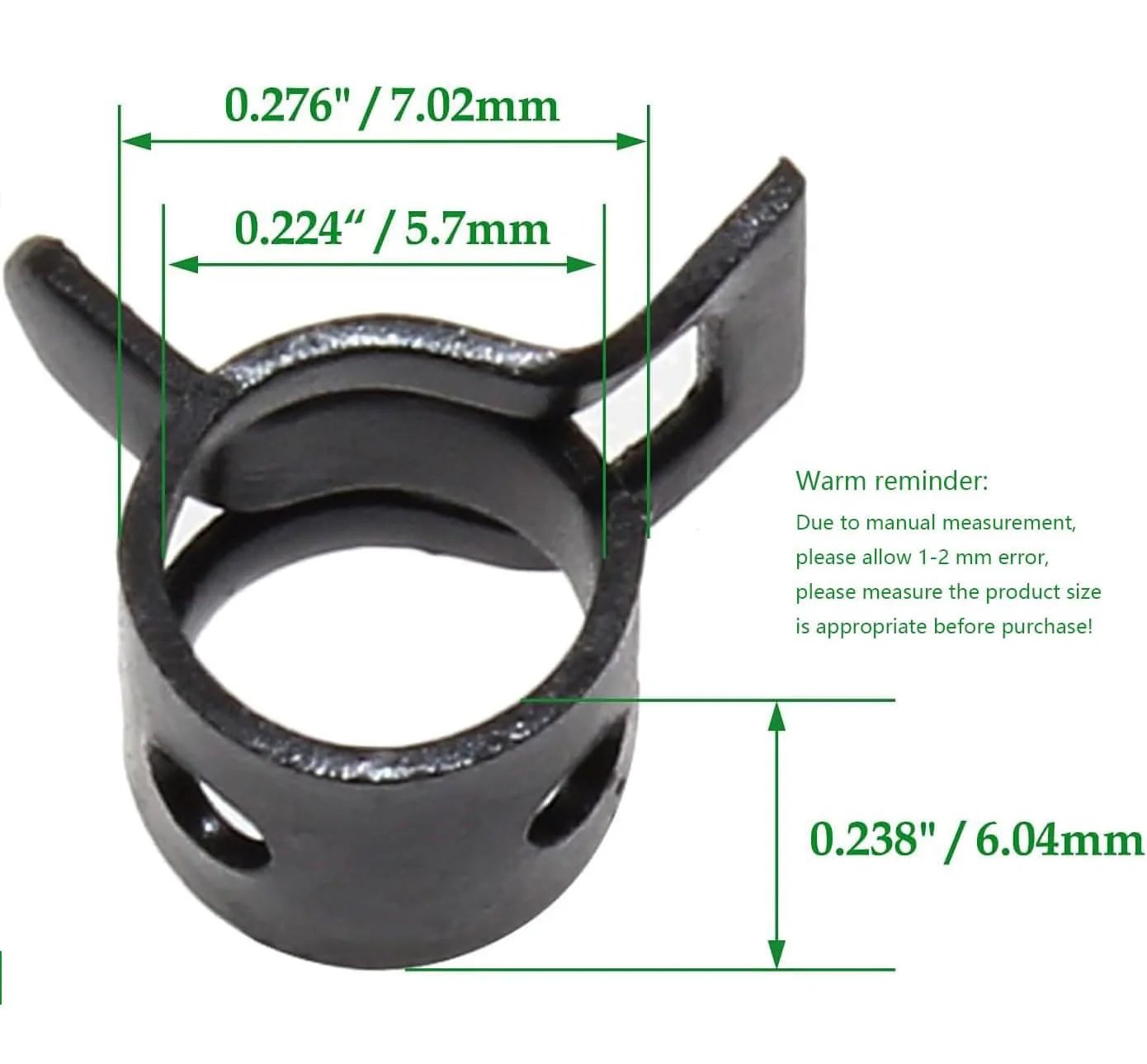 Close-up of a black 40 Pack Spring Band Hose Clamps Kit One Quarter Inch ID 6mm Band Clamp with measurement annotations