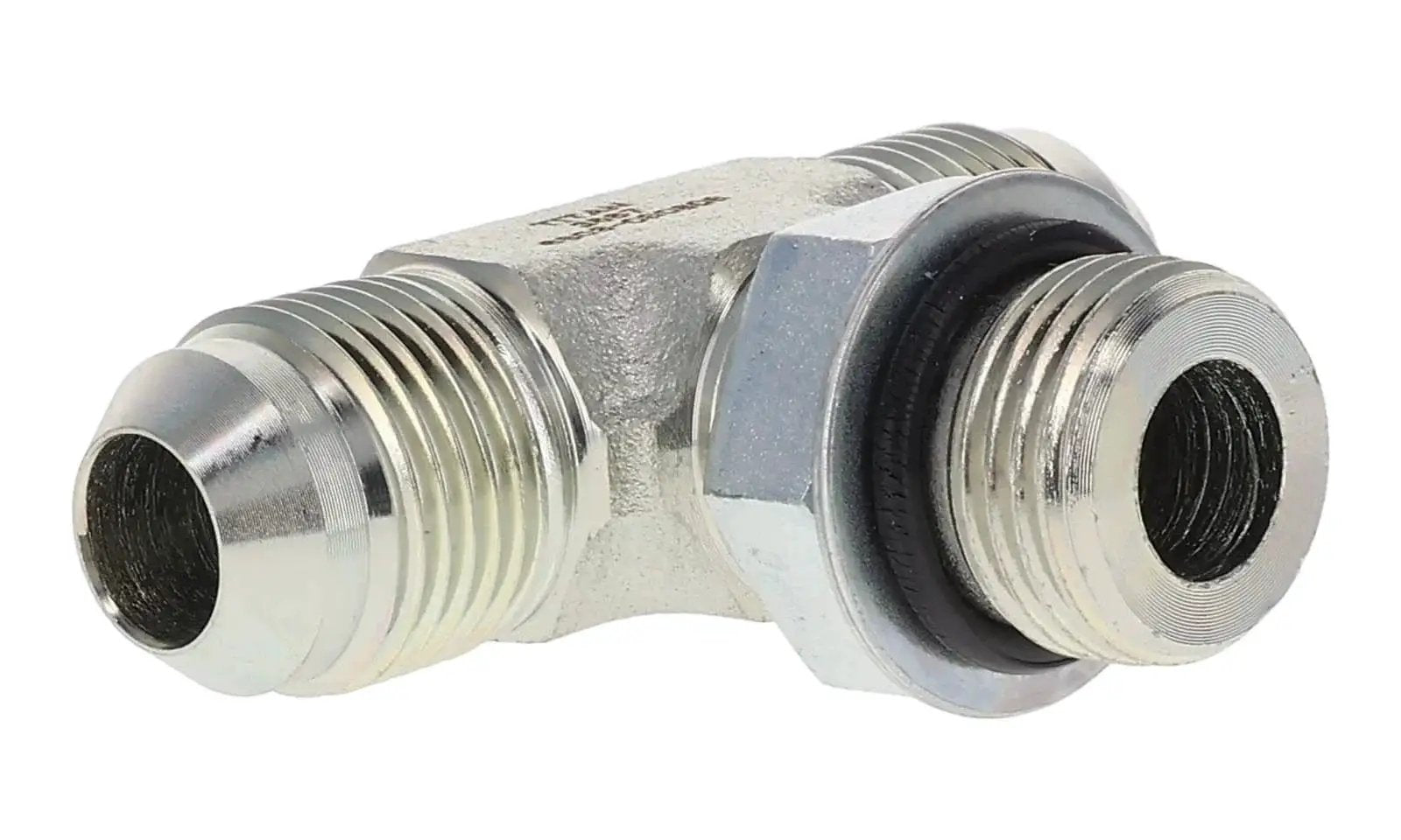 Branch Tee Hydraulic Fitting Built Tough With Two Three Eighths Inch Male JIC Nine Sixteen Eighteen Threads And One Quarter Inch ORB Seven Sixteen Twenty Thread Male Carbon Steel With Zinc Trivalent Coating For High Pressure And Wear Resistance close-up view
