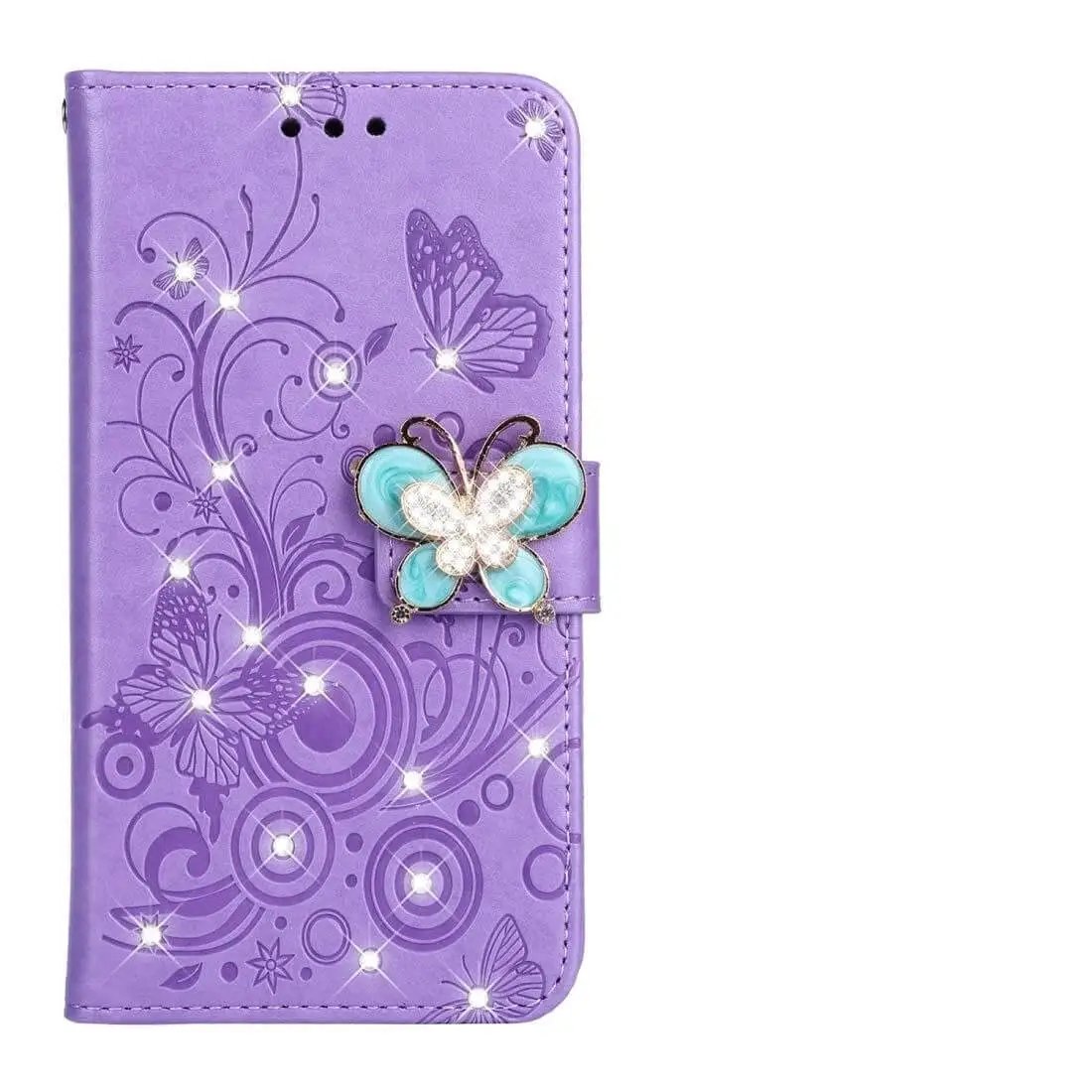 Purple phone case with butterfly design and rhinestone embellishments