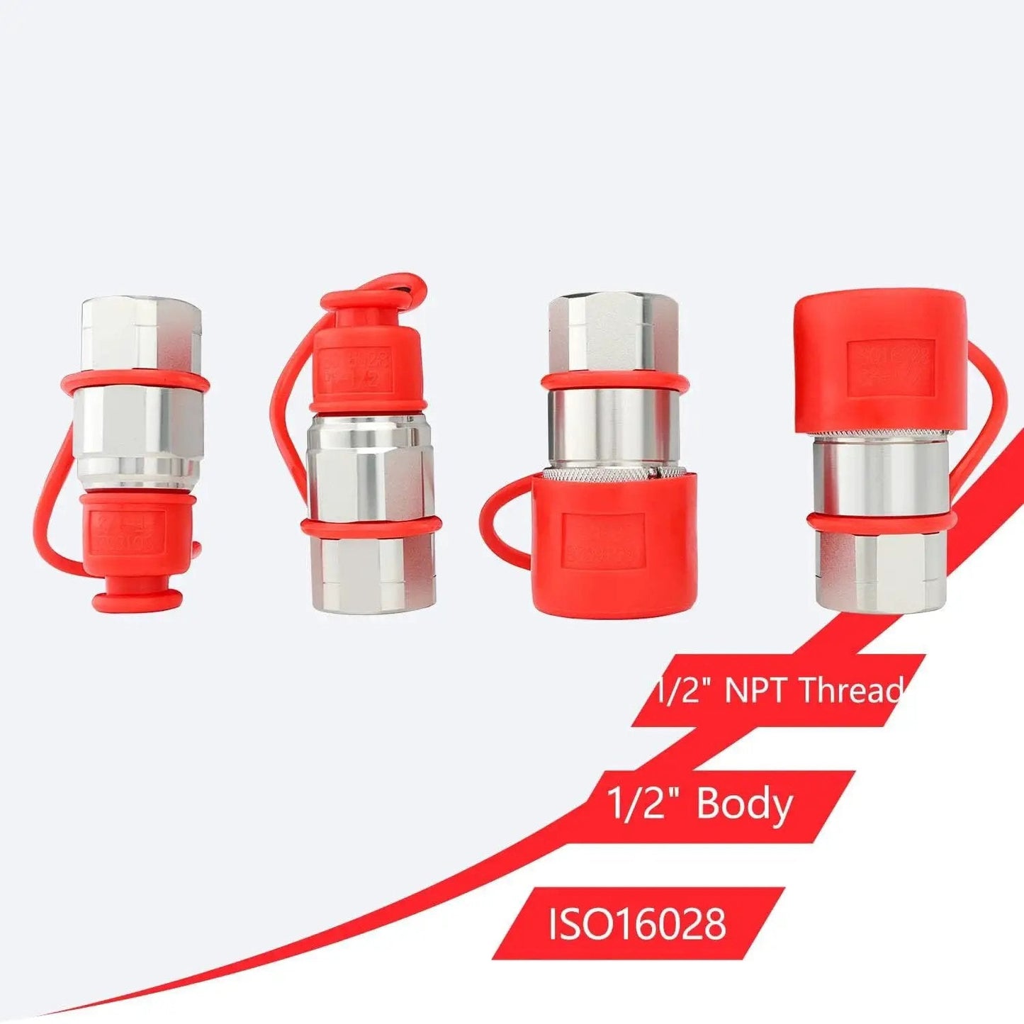 2 Sets Flat Face Hydraulic Quick Connect Couplers For Skid Steer Loaders Half Inch NPT ISO 16028 With Dust Caps, front view