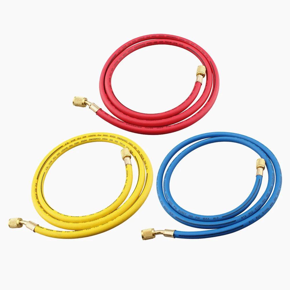 72 Inch HVAC Manifold Gauge Hoses Set Three Pack With Brass Connectors For R134A R12 R22 R502 Refrigerants Ideal For AC System Charging And Testing
