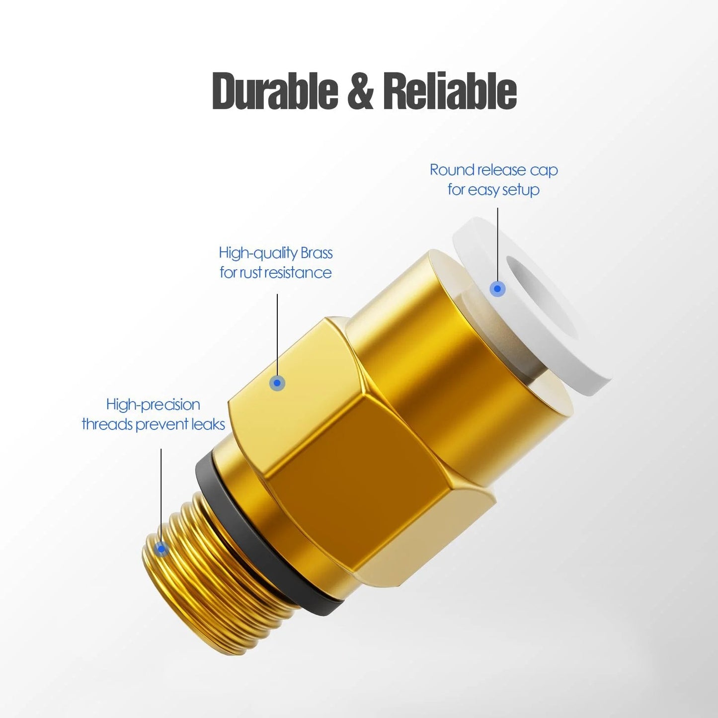 Push To Connect PC4 M6 Bowden PTFE Tube Fittings For 4mm Tubing Quick Connect Pneumatic Couplers 1.75mm Filament Compatible Push Fit Adapters For 3D Printers Pack Of 20, close-up view of brass fitting with release cap and threads