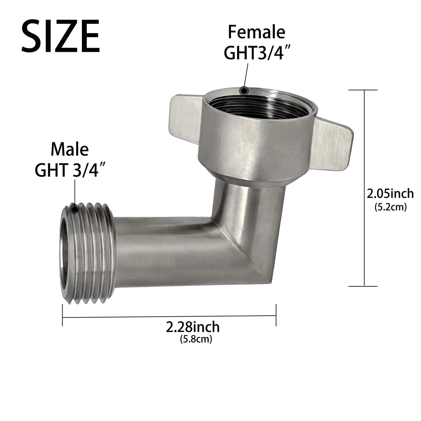 90 Degree Hose Elbow For RVs With Stainless Steel Construction And Easy Grip Connector GHT Three Quarter Inch Garden Hose Elbow Fitting For RV Water Hoses And Outdoor Faucets Durable And Leaks Free 1 Pack showing dimensions and connections.