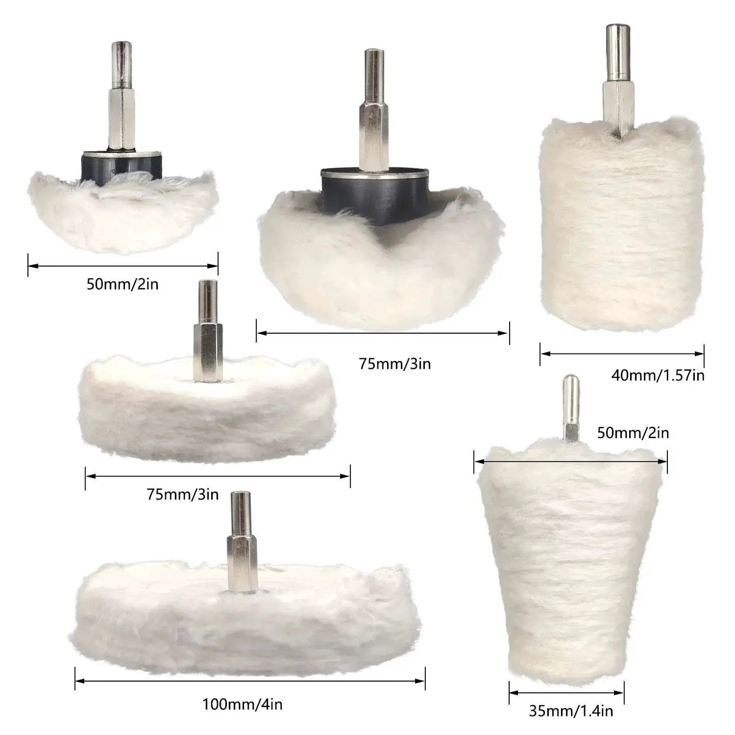 Six Piece Drill Buffing Wheel Kit for Polishing Metal Wood Glass Jewelry with various wheel shapes and sizes