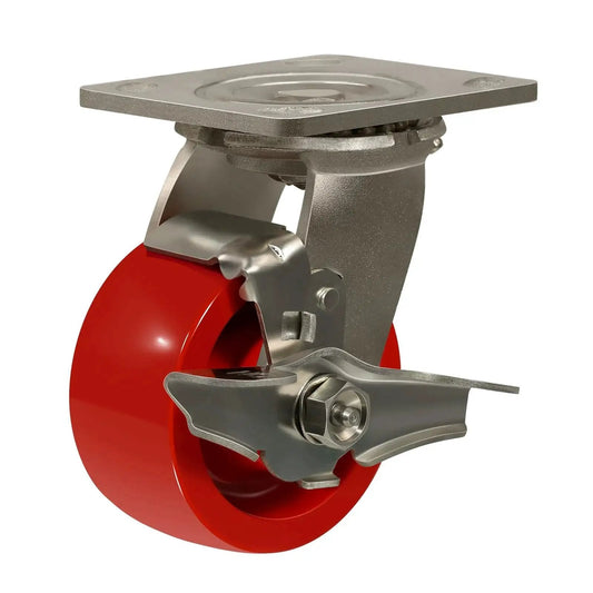 Heavy Duty Stainless Steel 4 Inch Caster with Rust Proof Polyurethane Wheel and Brake, Ideal for Industrial Use and Cleanrooms