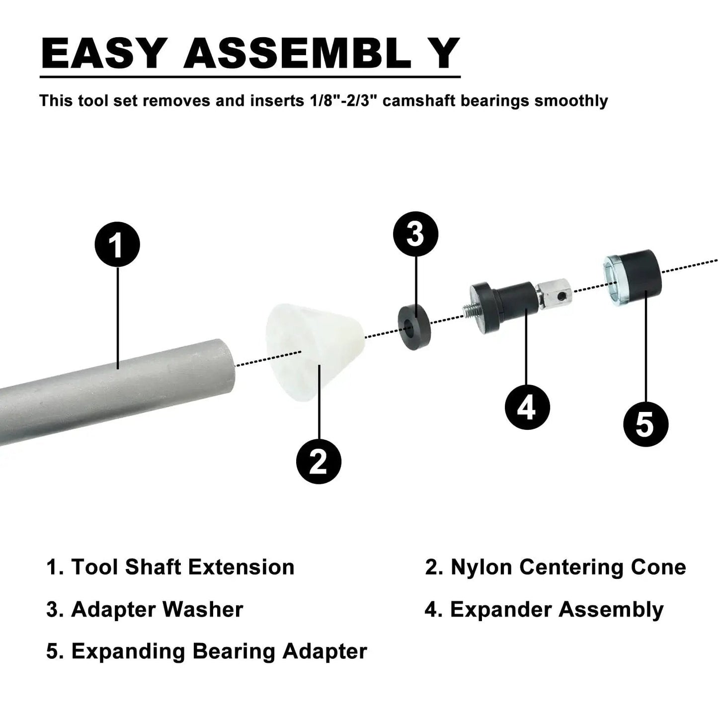 Exploded view of Universal Cam Bearing Removal and Installation Tool Set components, including adapters for 1.125 to 2.690 inch bearings.