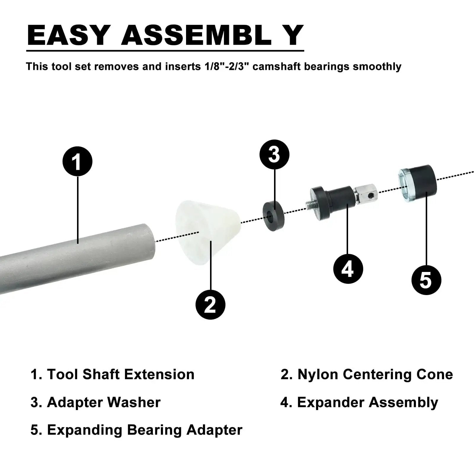 Exploded view of Universal Cam Bearing Removal and Installation Tool Set components, including adapters for 1.125 to 2.690 inch bearings.