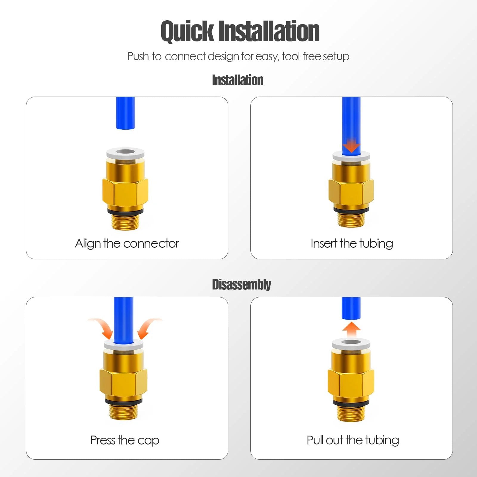 Installation process of Push To Connect PC4 M6 Bowden PTFE Tube Fittings For 4mm Tubing Quick Connect Pneumatic Couplers in steps.
