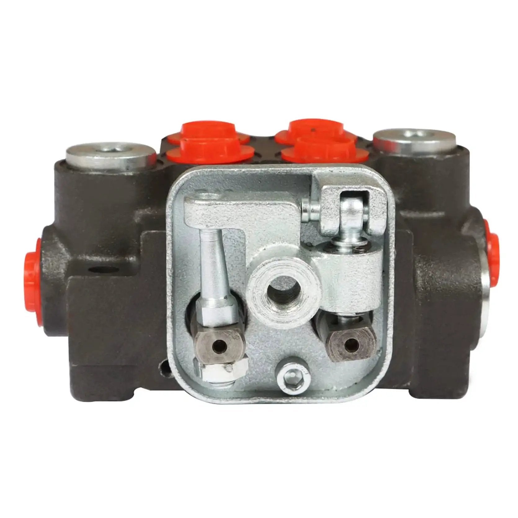 Front view of Adjustable 2 Spool Hydraulic Directional Joystick Monoblock Valve for Tractor Loader, cast iron, 11 GPM, 3600 PSI.