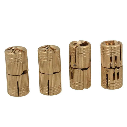 Copper Hidden Barrel Hinges 14mm Set, Concealed 4 Pack for Wooden Doors and Cabinet Doors displayed in close-up view