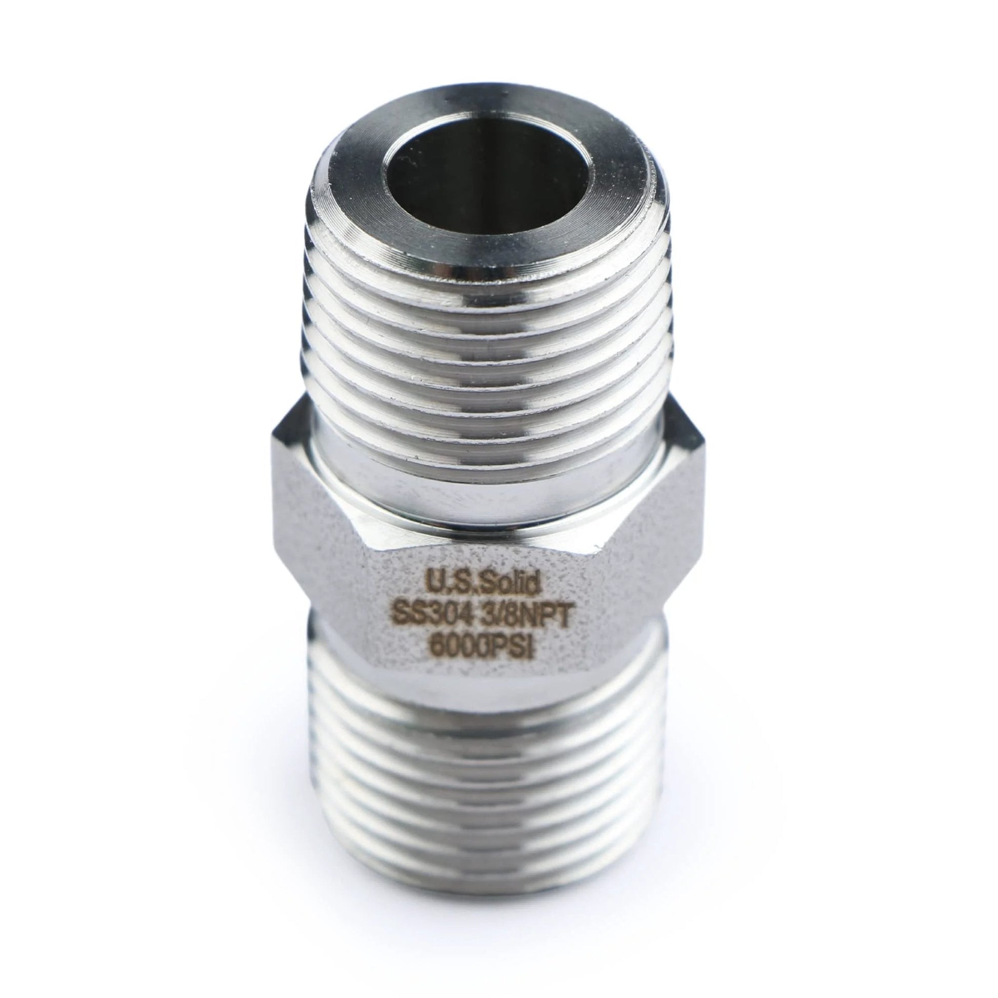 Heavy Duty 304 Stainless Steel Hex Nipple for High Pressure Systems, 6000 PSI, Three Eighths Inch NPT Male Thread Pipe Adapter