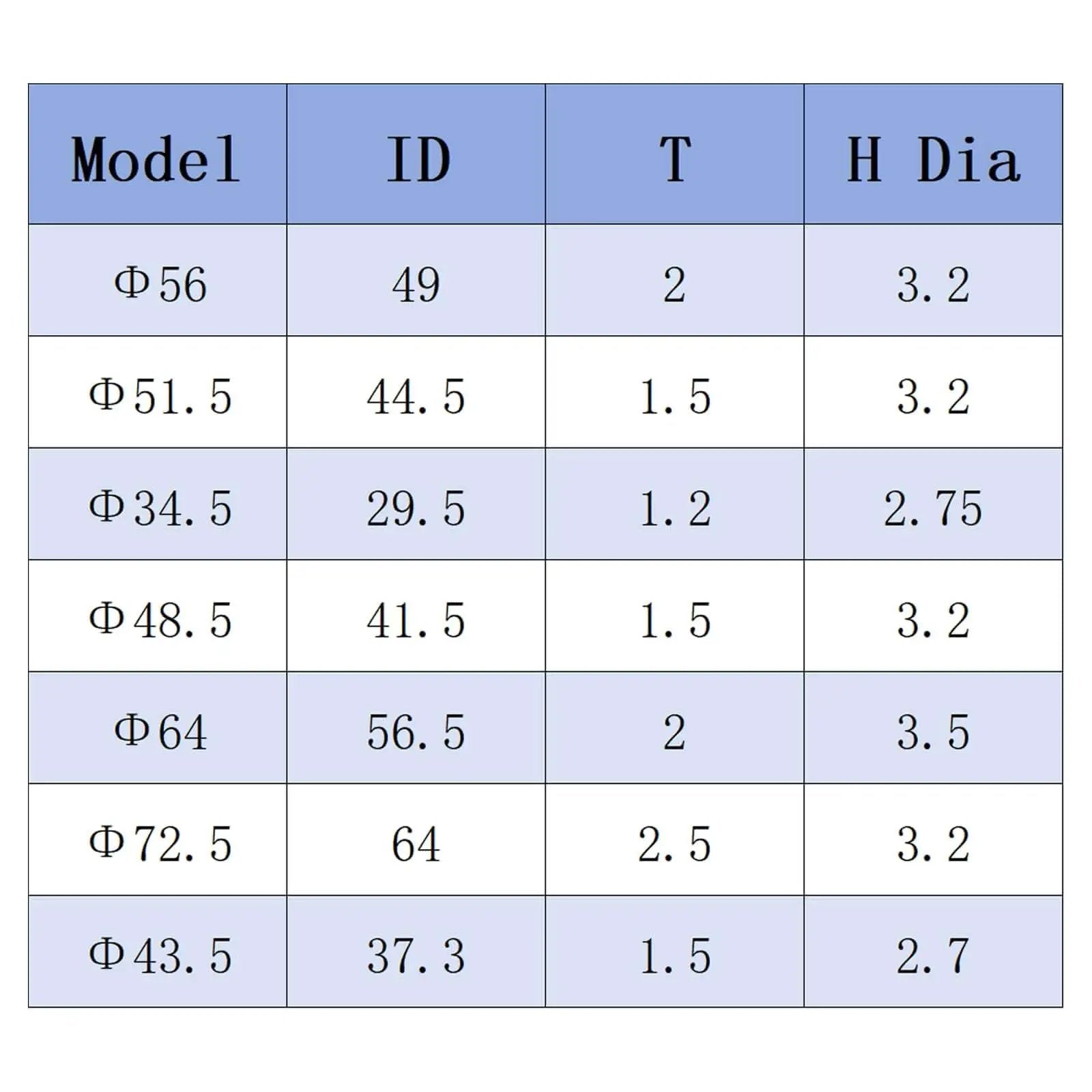 Table showing model, ID, thickness, and hole diameter measurements including 49 ID, 2 thickness for Φ56 model, part of 56mm external circlip set.