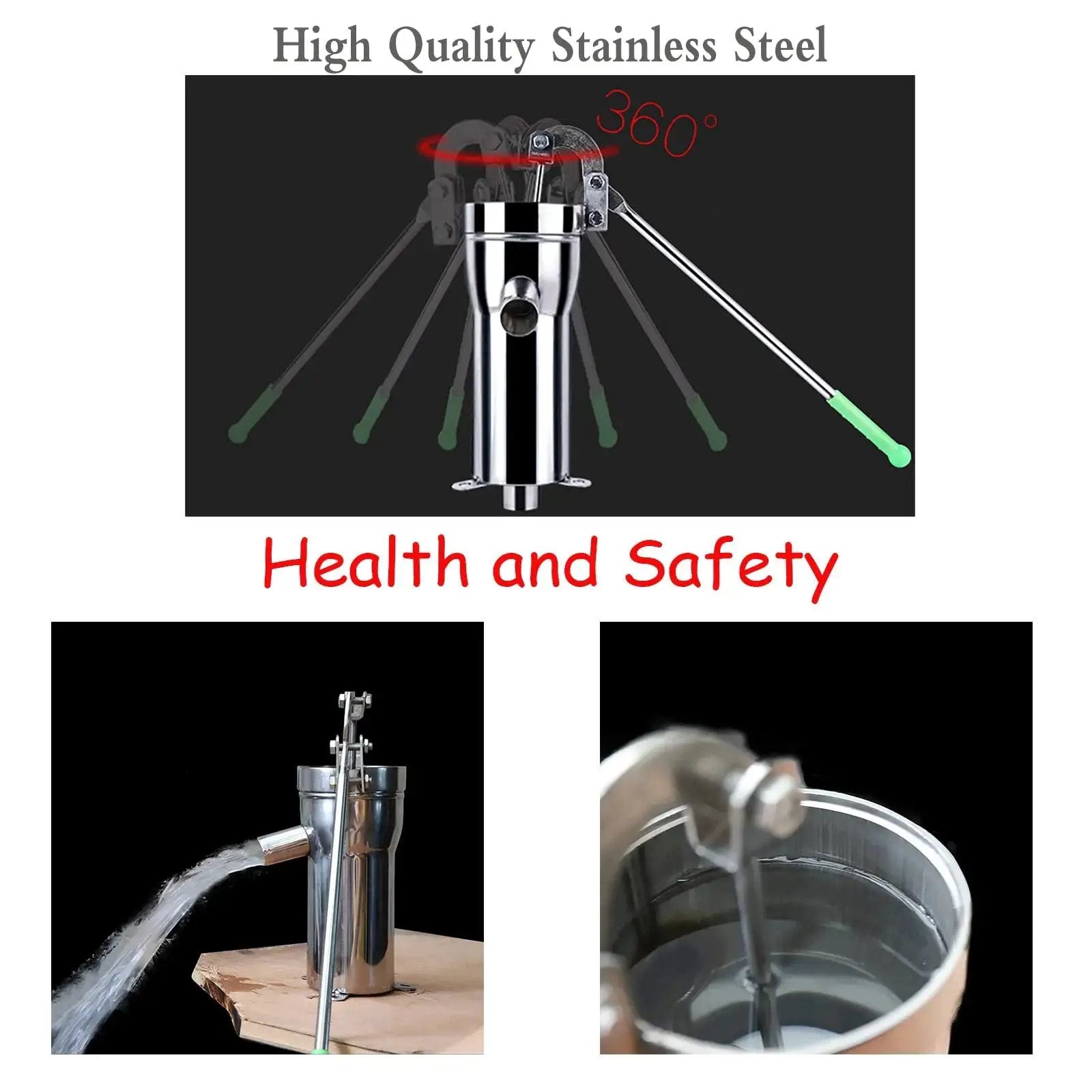 Stainless Steel Manual Well Pump with 360-degree hand crank, heavy duty high water yield, ideal for deep wells, gardens, and yard use.