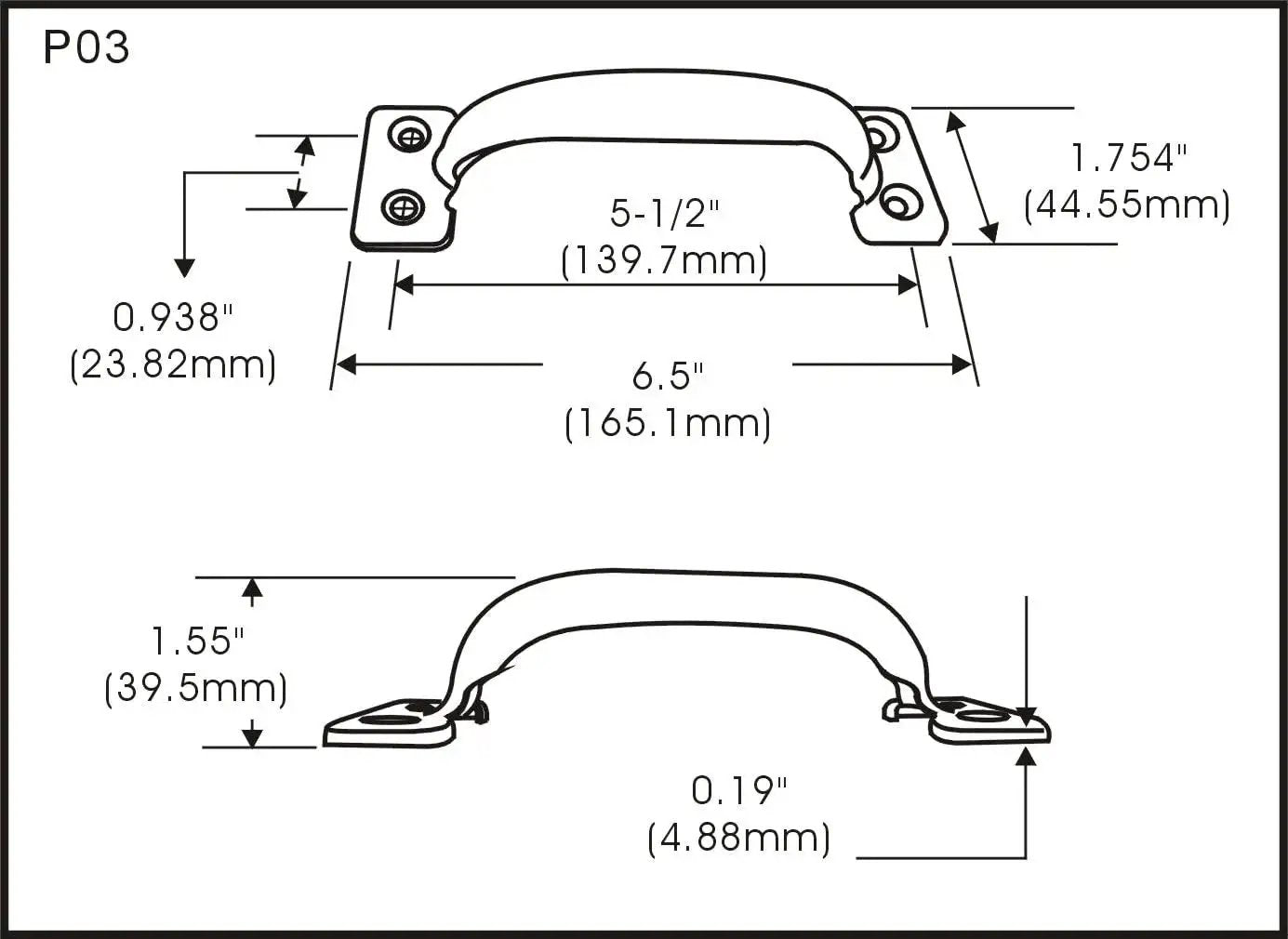 Technical diagram showing dimensions of Door Pull Six And A Half Inch Steel Black Coated Surface Mount Two Pack With Mounting Hardware.