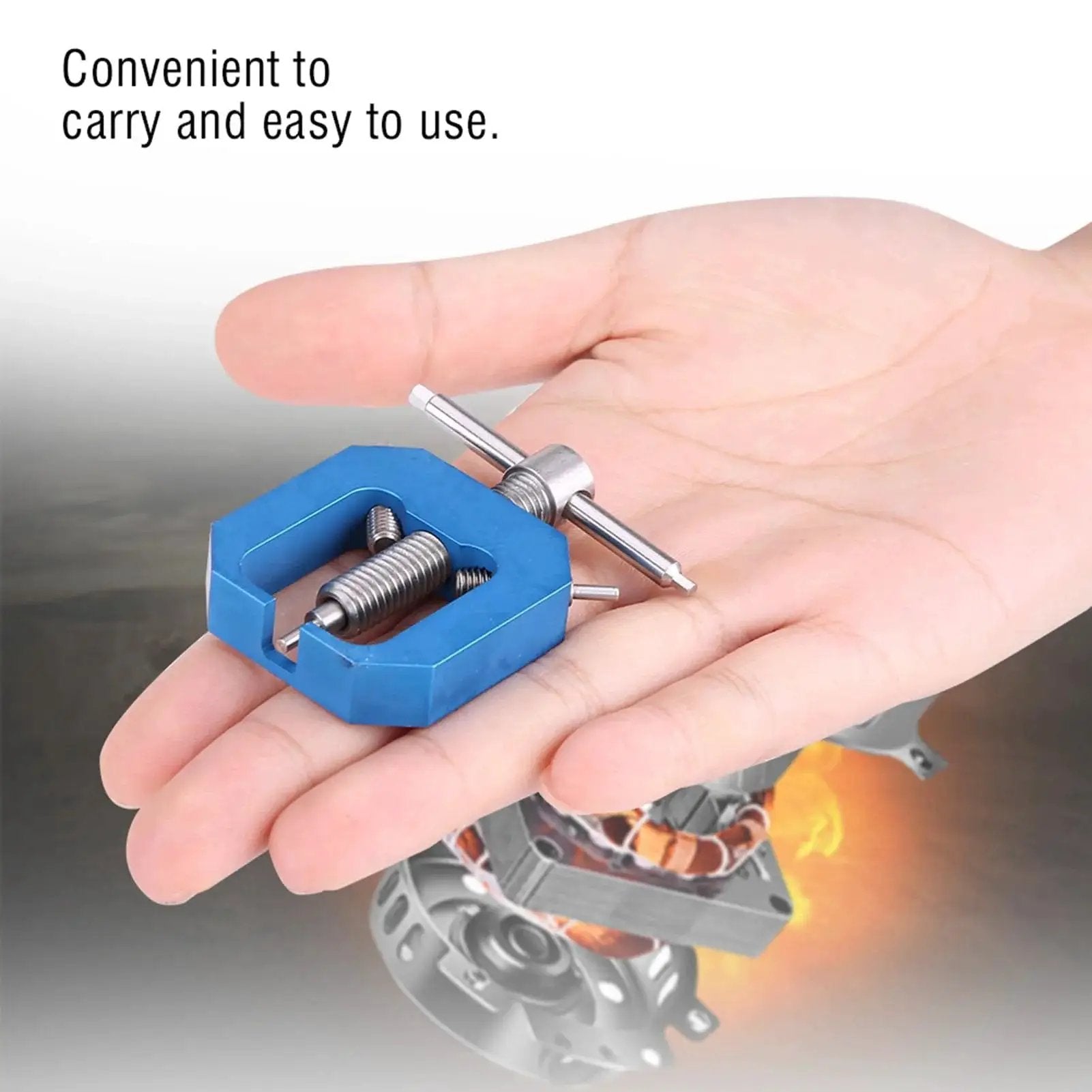 Close-up of Mini RC Pinion Bearing Puller Stainless Steel Gear Puller For Small Gears in a hand, highlighting compact size.